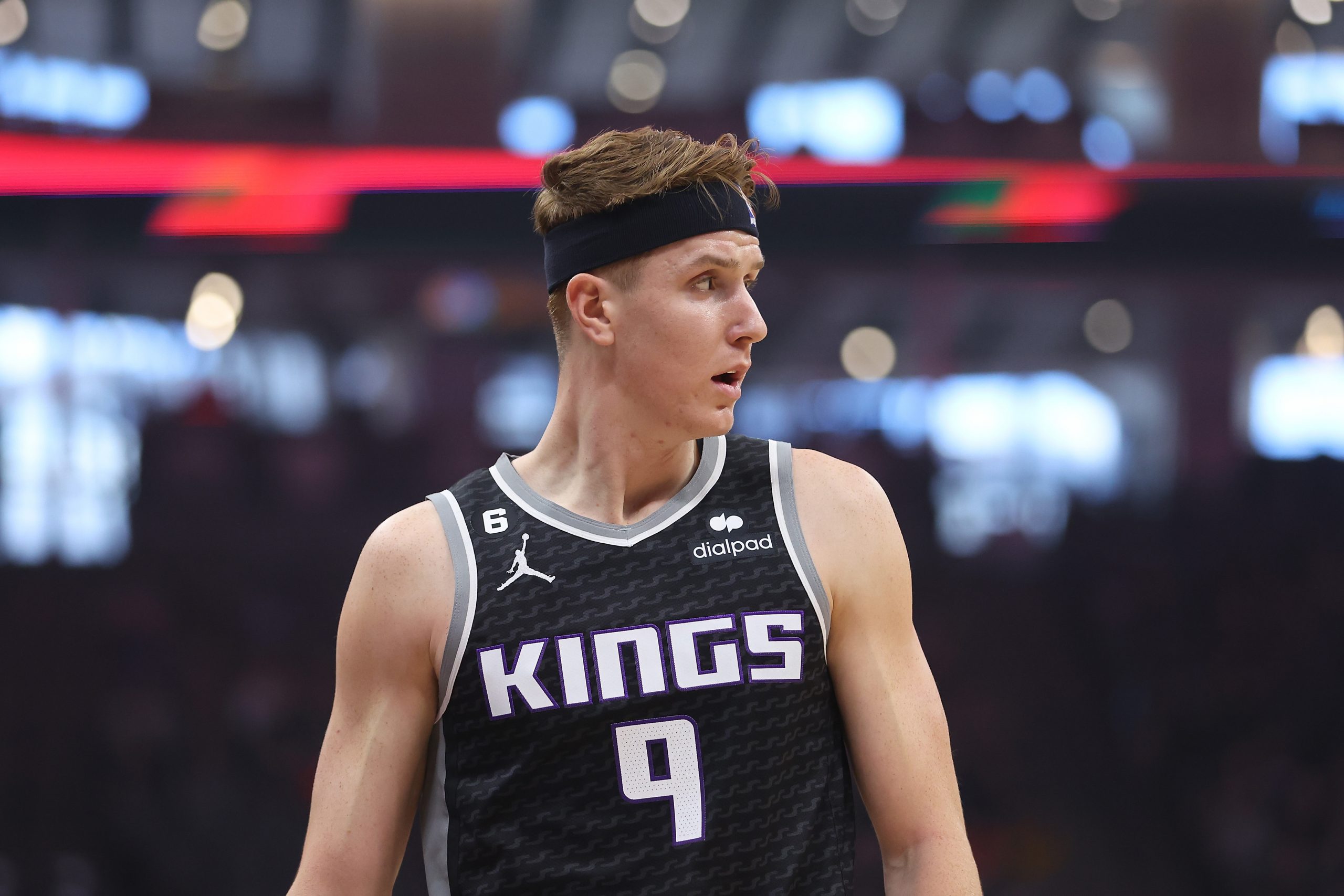 SACRAMENTO, CALIFORNIA - OCTOBER 29: Kevin Huerter #9 of the Sacramento Kings looks on in the first...
