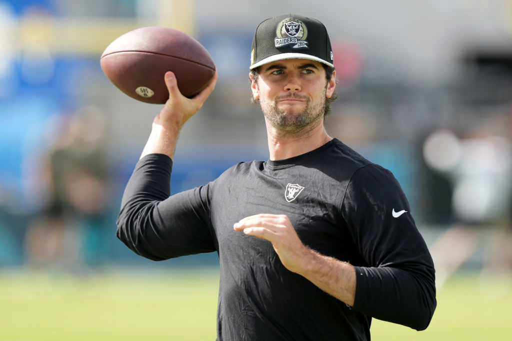 Jarrett Stidham #3 of the Las Vegas Raiders warms up prior to playing the Jacksonville Jaguars at T...