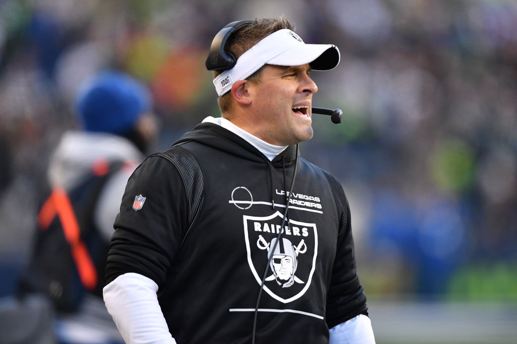 Head coach Josh McDaniels of the Las Vegas Raiders reacts in the fourth quarter against the Seattle...