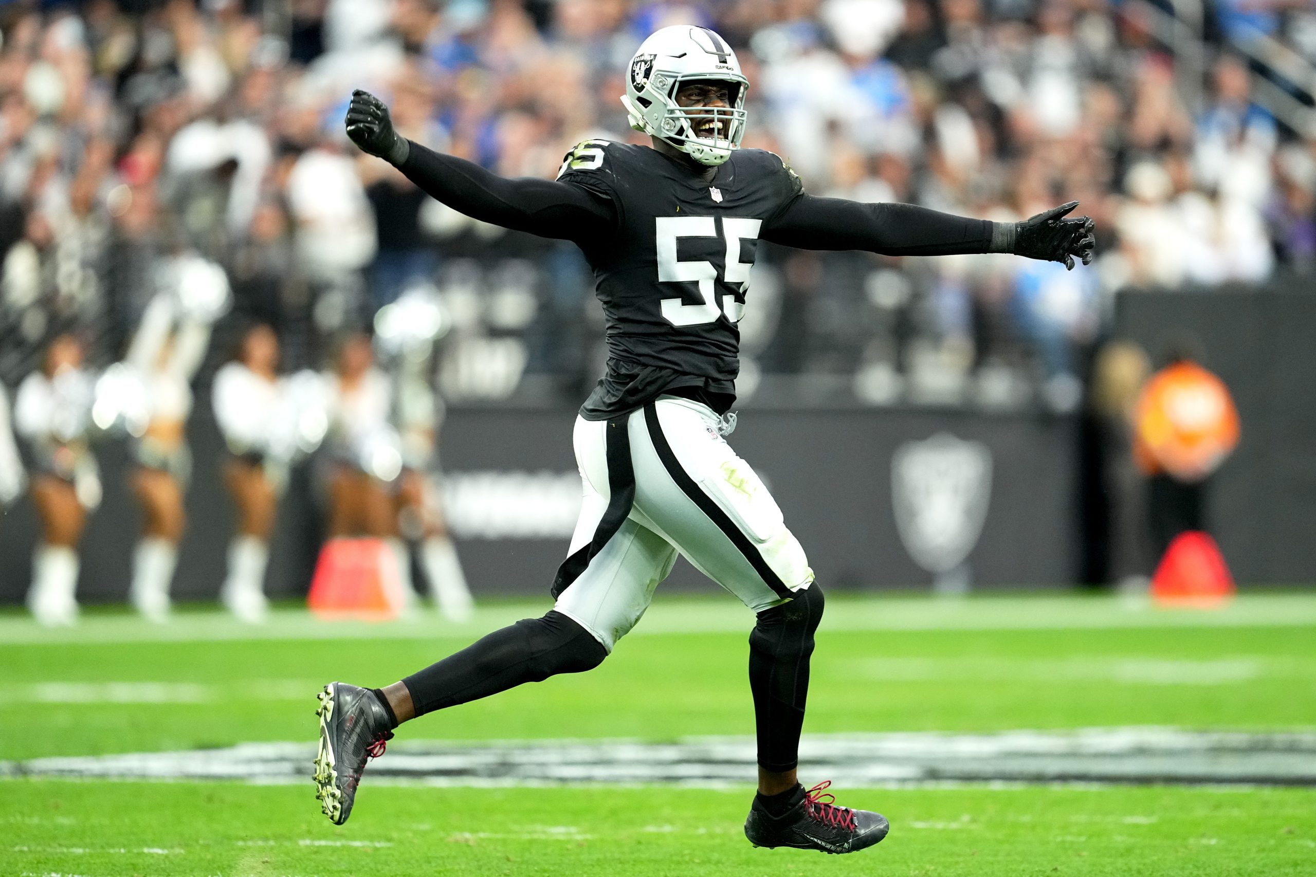 Chandler Jones #55 of the Las Vegas Raiders reacts after a tackle to force a turnover on downs in t...