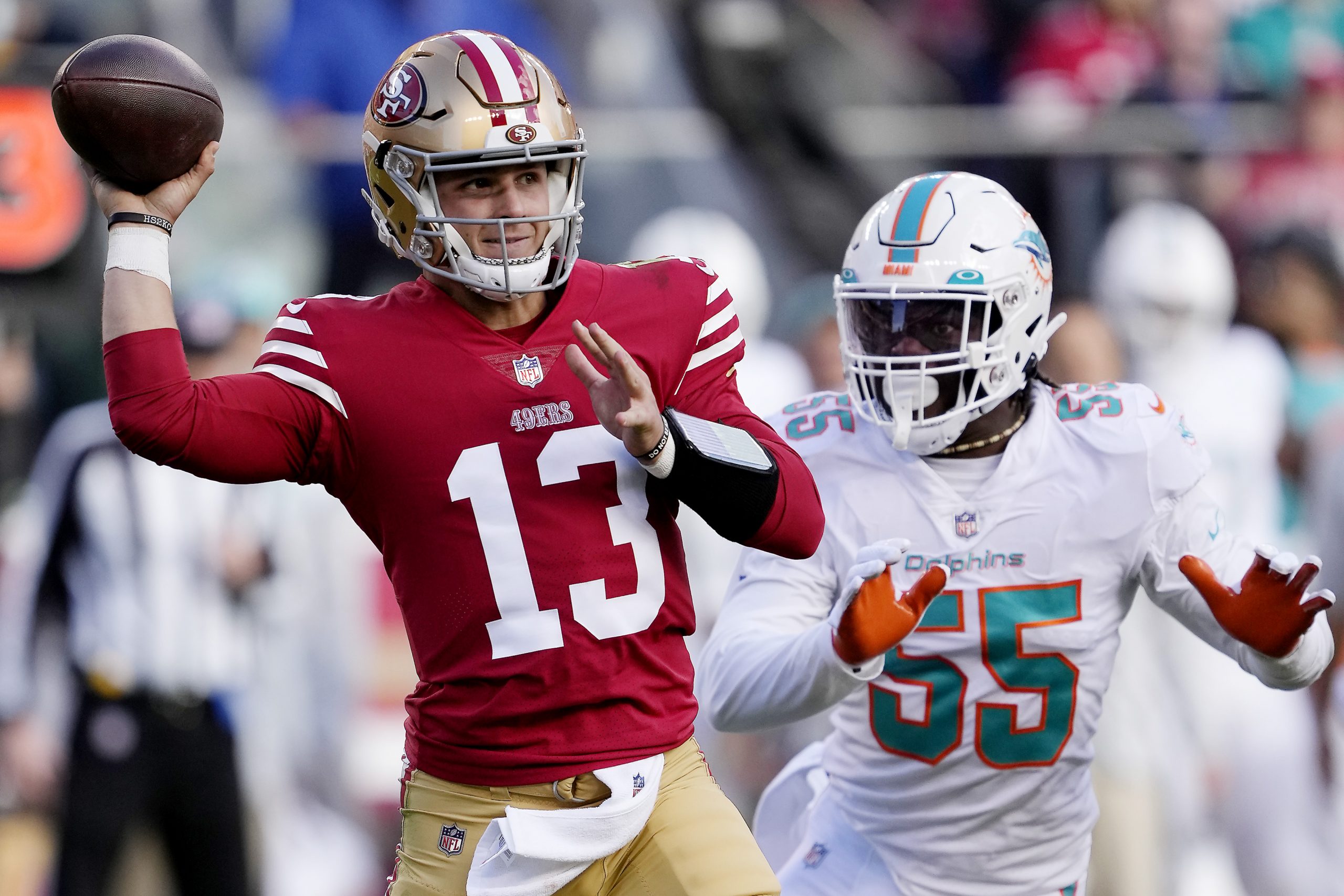 Brock Purdy #13 of the San Francisco 49ers attempts a pass during the second quarter against the Mi...