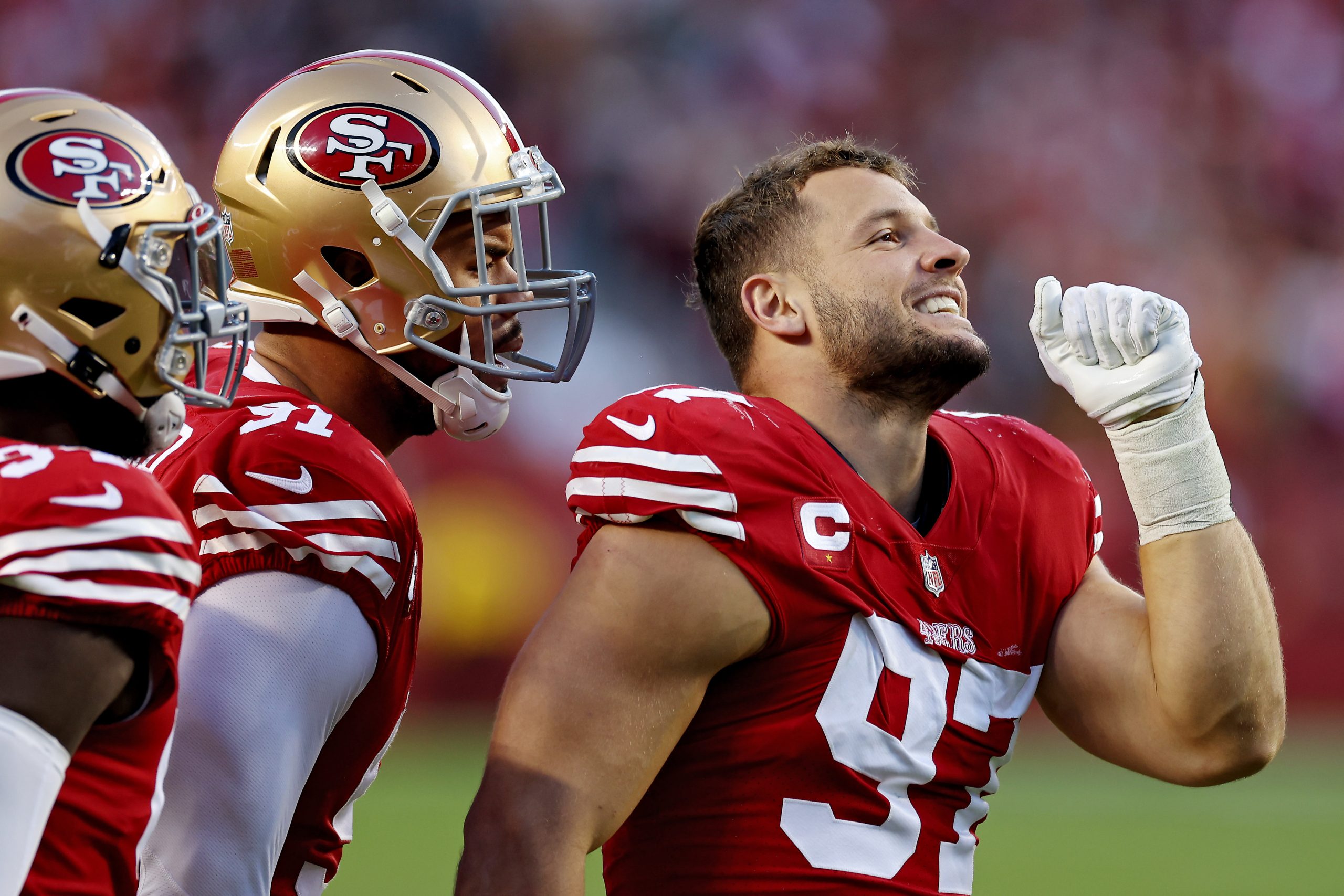 Nick Bosa #97 of the San Francisco 49ers after his forced fumble was returned for a San Francisco 4...