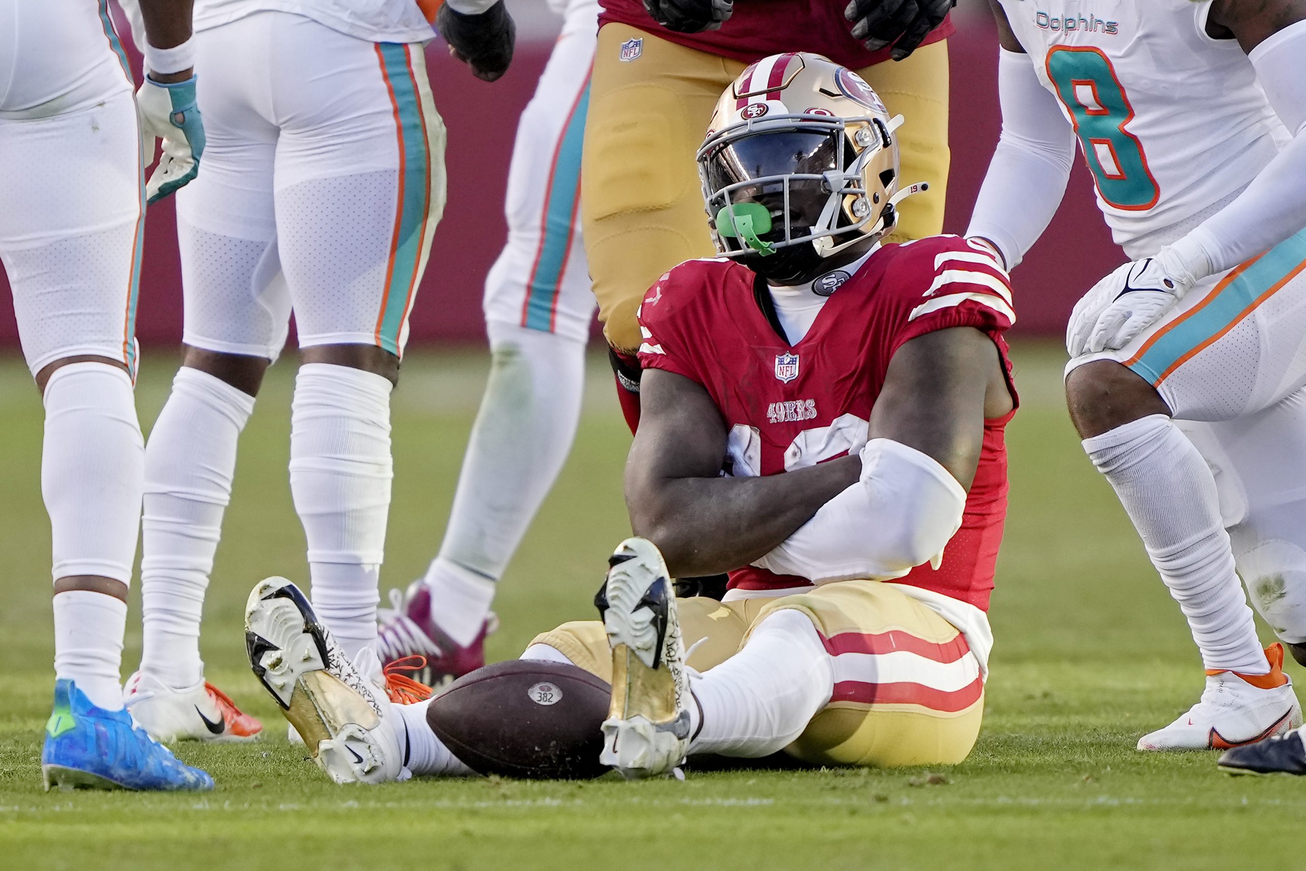 Deebo Samuel #19 of the San Francisco 49ers reacts after getting a first down during the fourth qua...