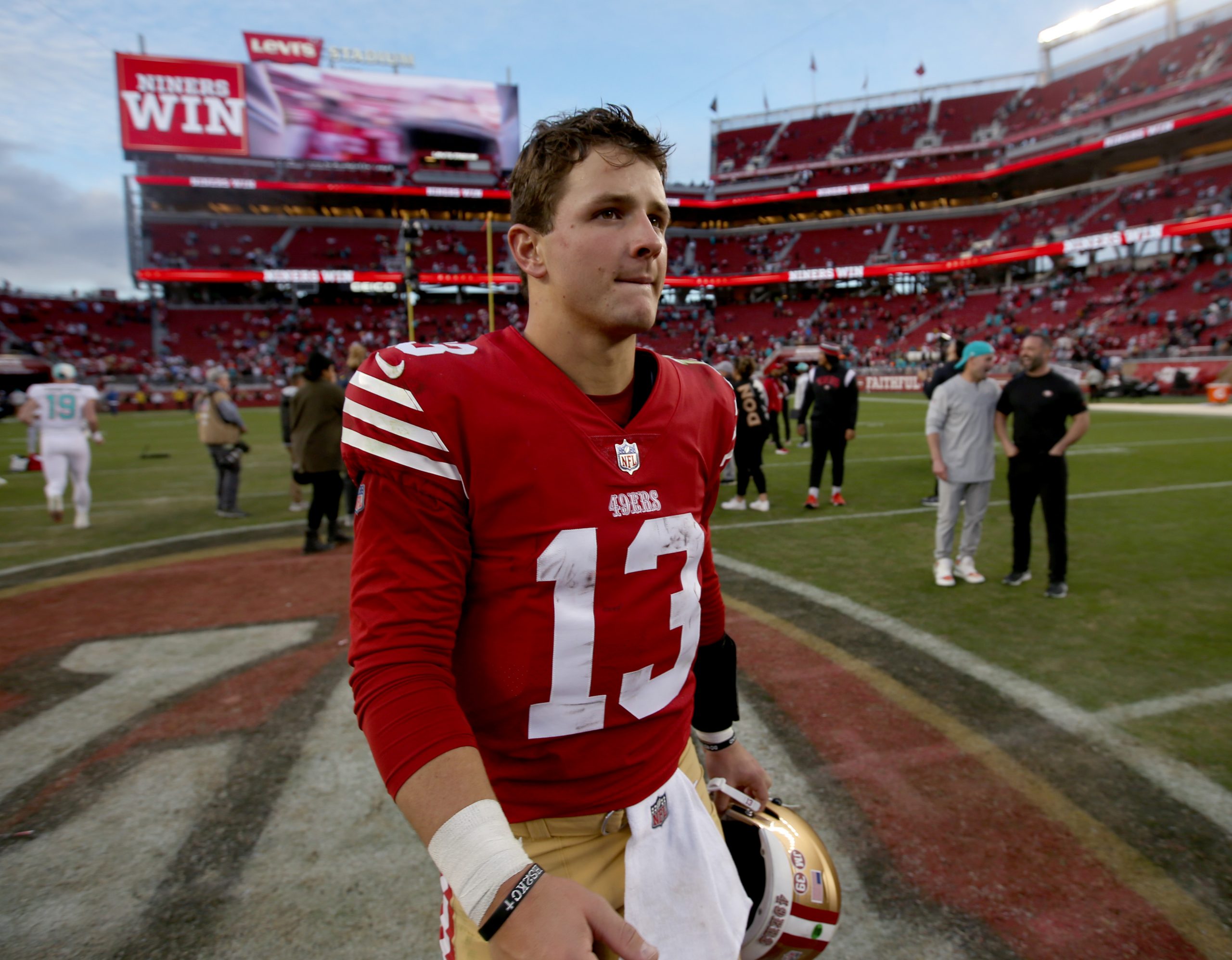 San Francisco 49ers quarterback Brock Purdy #13 leaves the field after their 33-17 NFL win over the...