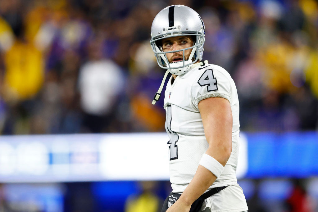 Derek Carr #4 of the Las Vegas Raiders reacts against the Los Angeles Rams during the second qu at ...