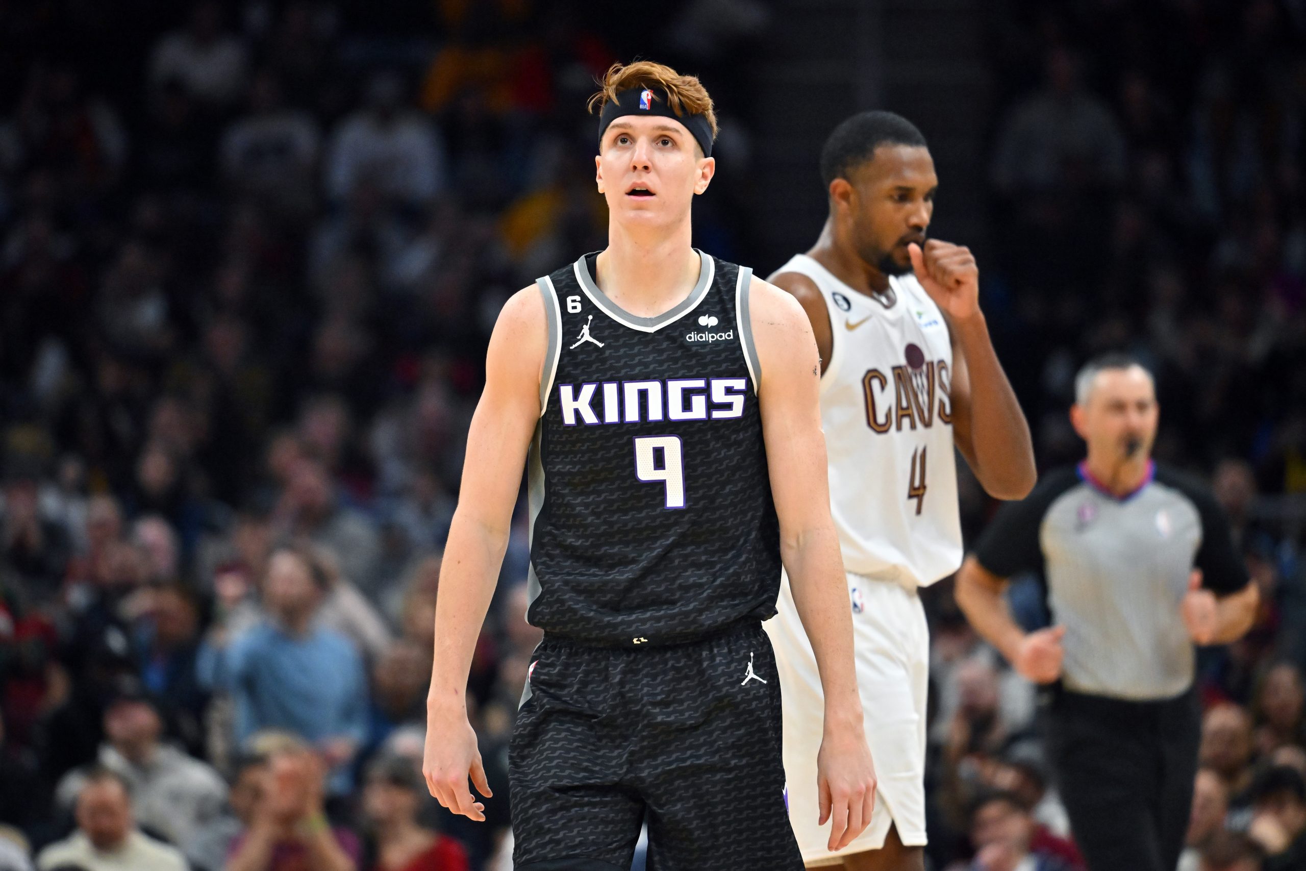 CLEVELAND, OHIO - DECEMBER 09: Kevin Huerter #9 of the Sacramento Kings pauses on the court during ...