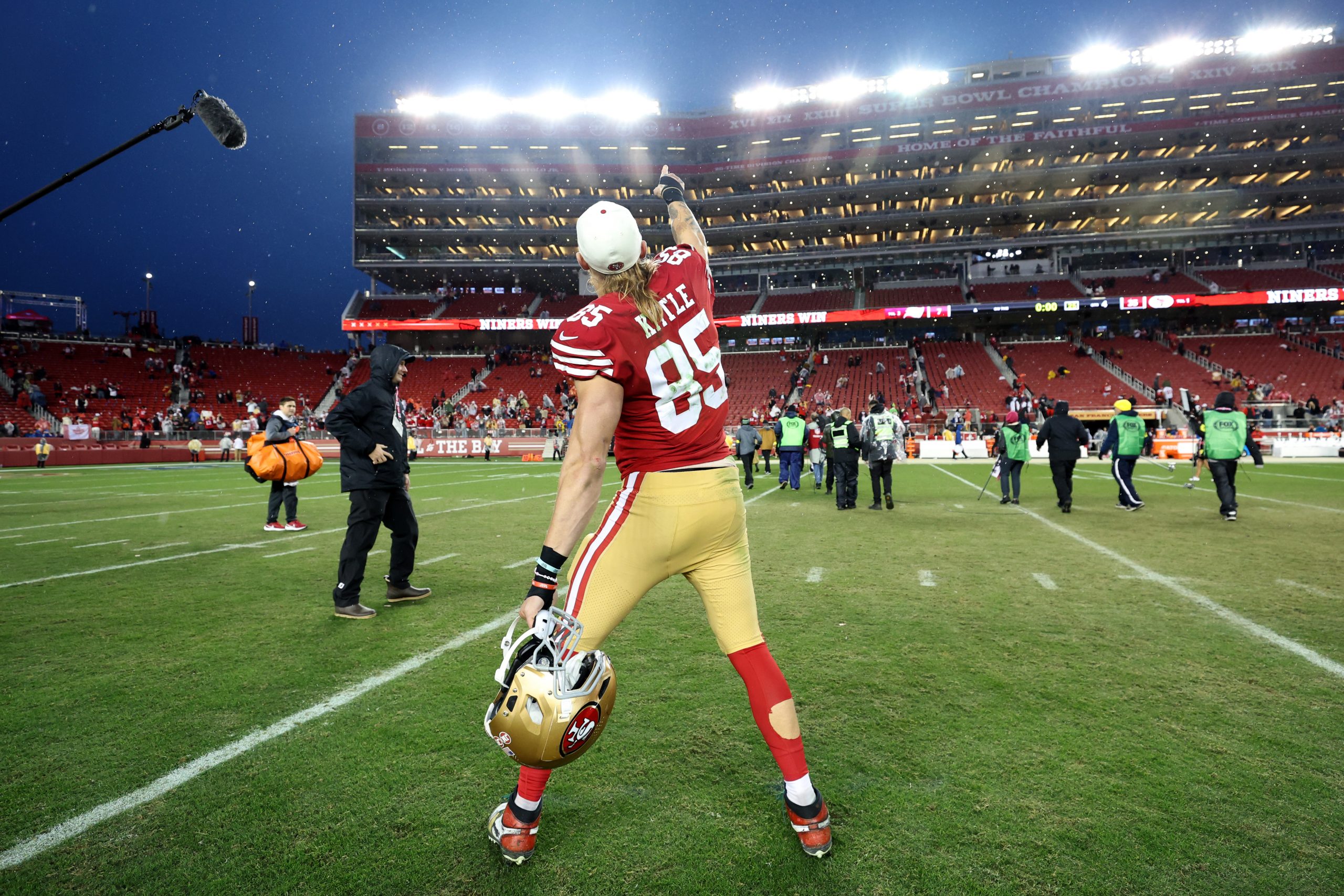 George Kittle #85 of the San Francisco 49ers celebrates after defeating the Tampa Bay Buccaneers 35...