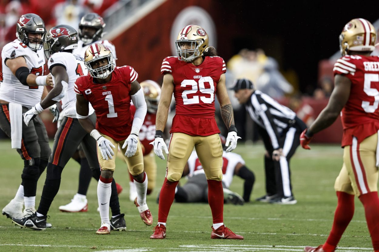 Talanoa Hufanga #29 of the San Francisco 49ers reacts during an NFL football game between the San F...