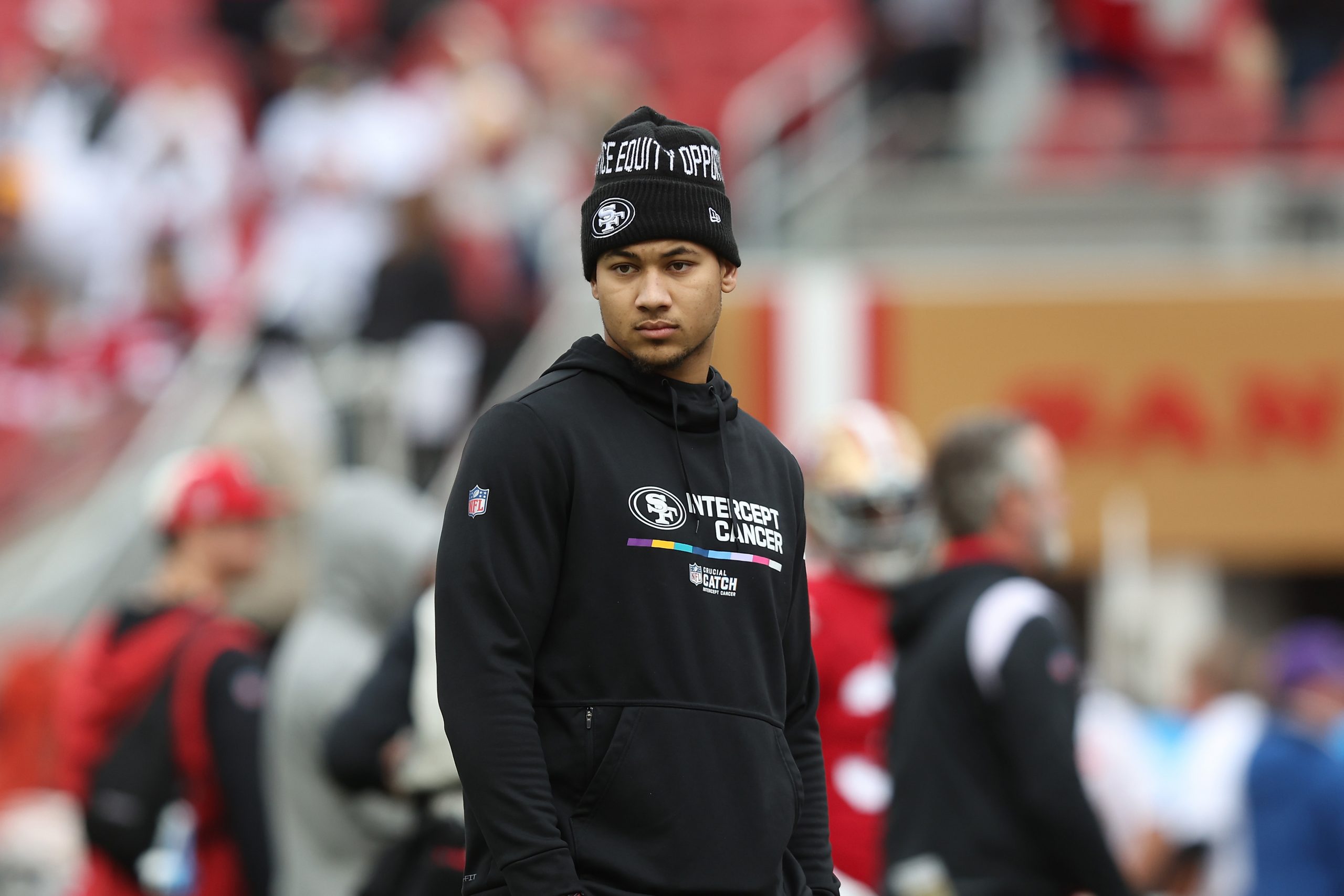 Trey Lance #5 of the San Francisco 49ers looks on before the game against the Tampa Bay Buccaneers ...