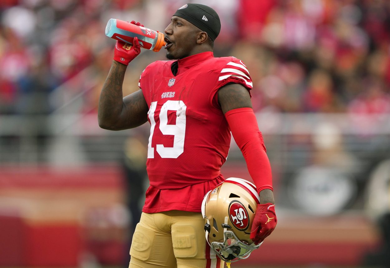 Deebo Samuel #19 of the San Francisco 49ers takes a drink during the first half against the Tampa B...
