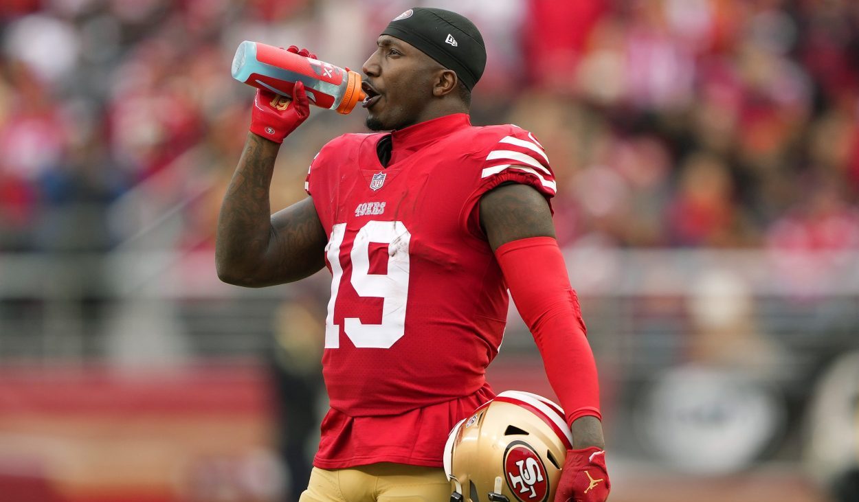 Deebo Samuel #19 of the San Francisco 49ers takes a drink during the first half against the Tampa B...