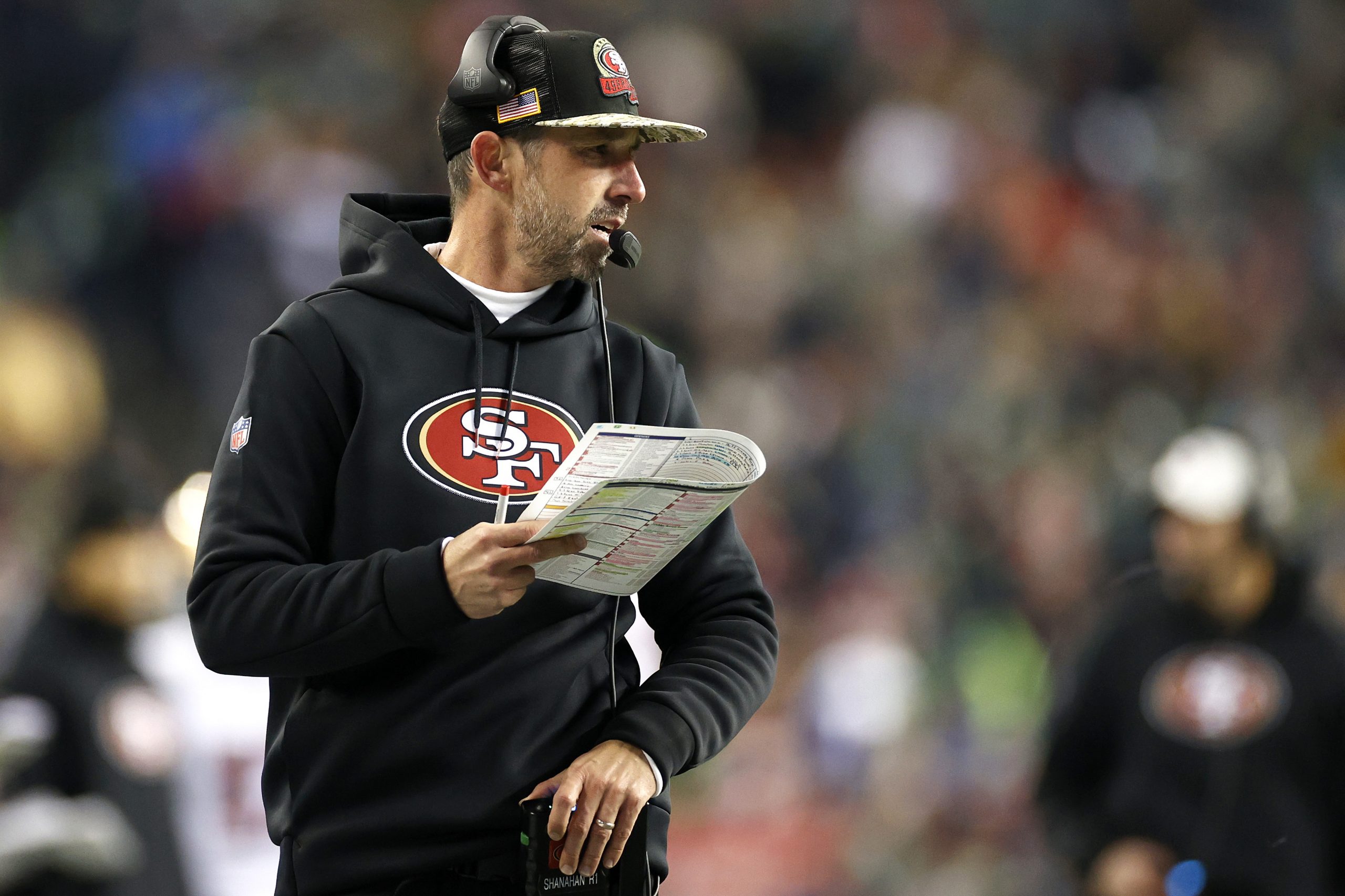 Head coach Kyle Shanahan of the San Francisco 49ers looks on against the Seattle Seahawks during th...