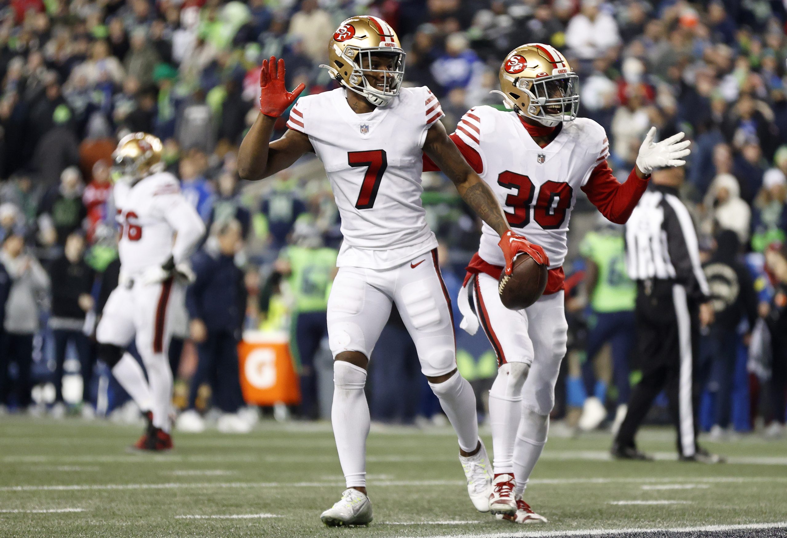 Charvarius Ward #7 of the San Francisco 49ers celebrates after recovering a fumble against the Seat...