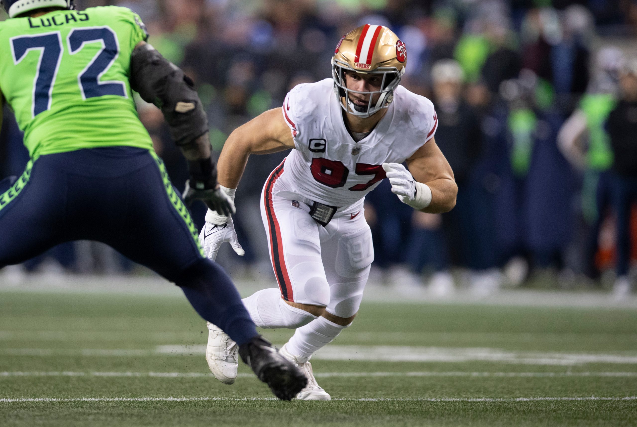 Nick Bosa #97 of the San Francisco 49ers rushes the quarterback during the game against the Seattle...