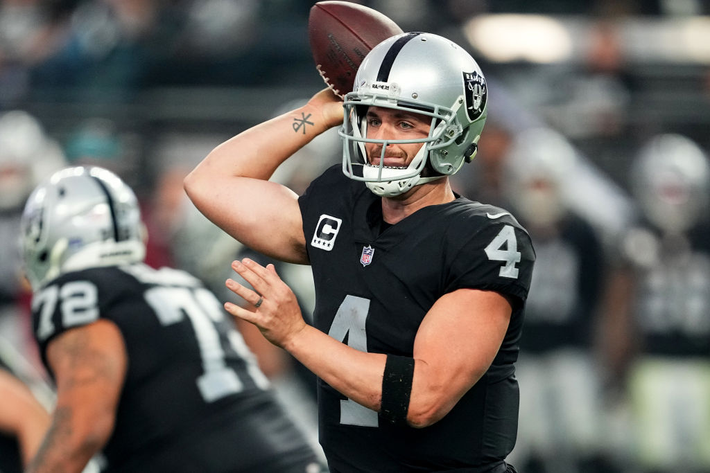 Derek Carr #4 of the Las Vegas Raiders throws the ball during the second half against the New Engla...