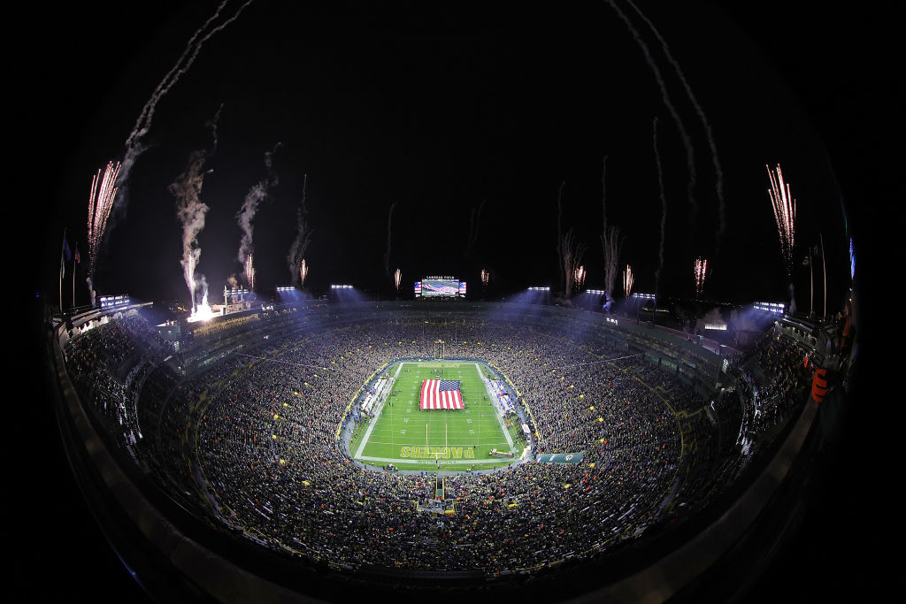 A general view of Lambeau Field prior to an NFL game between the Green Bay Packers and the Los Ange...