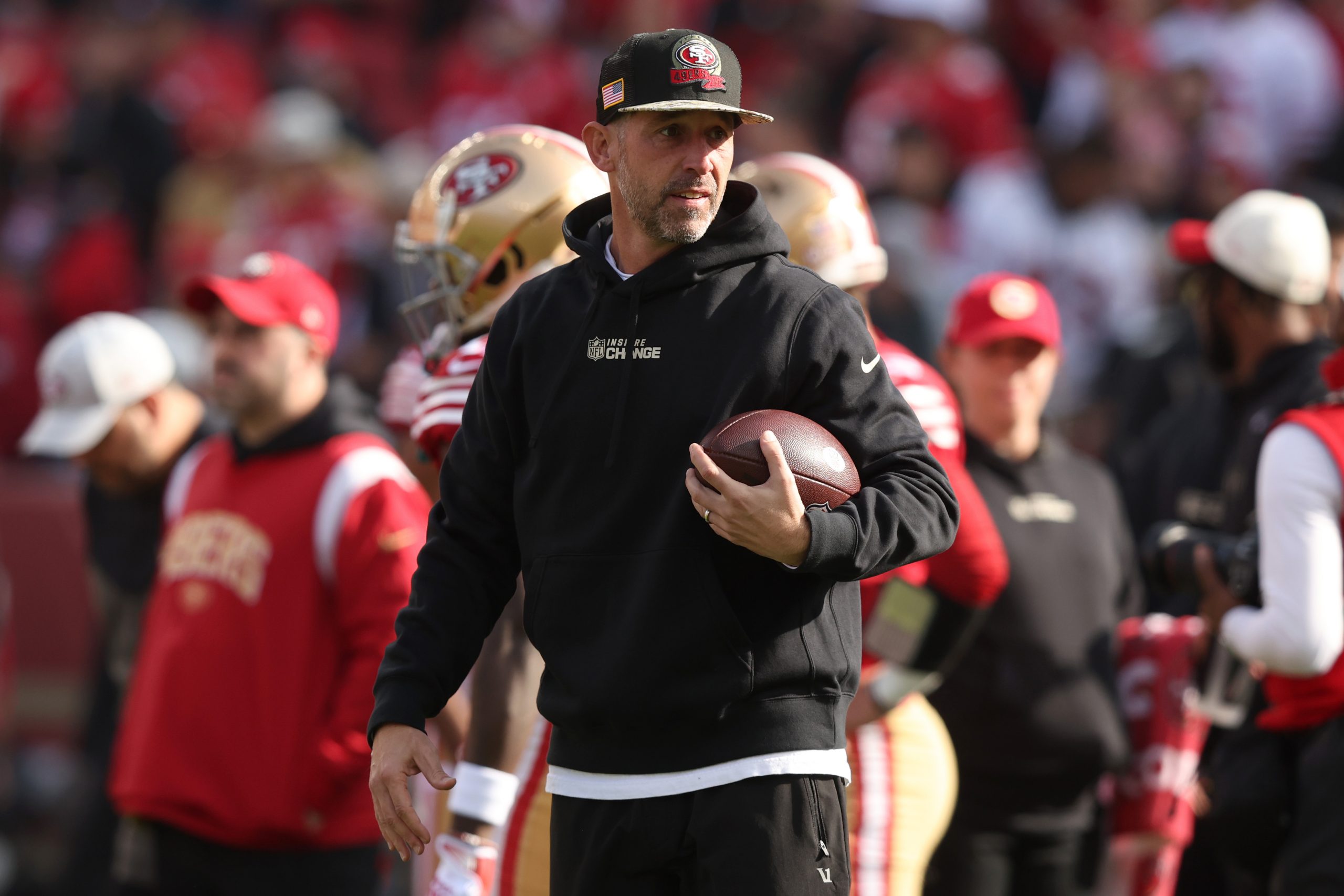 Head coach Kyle Shanahan of the San Francisco 49ers looks on prior to a game against the Washington...