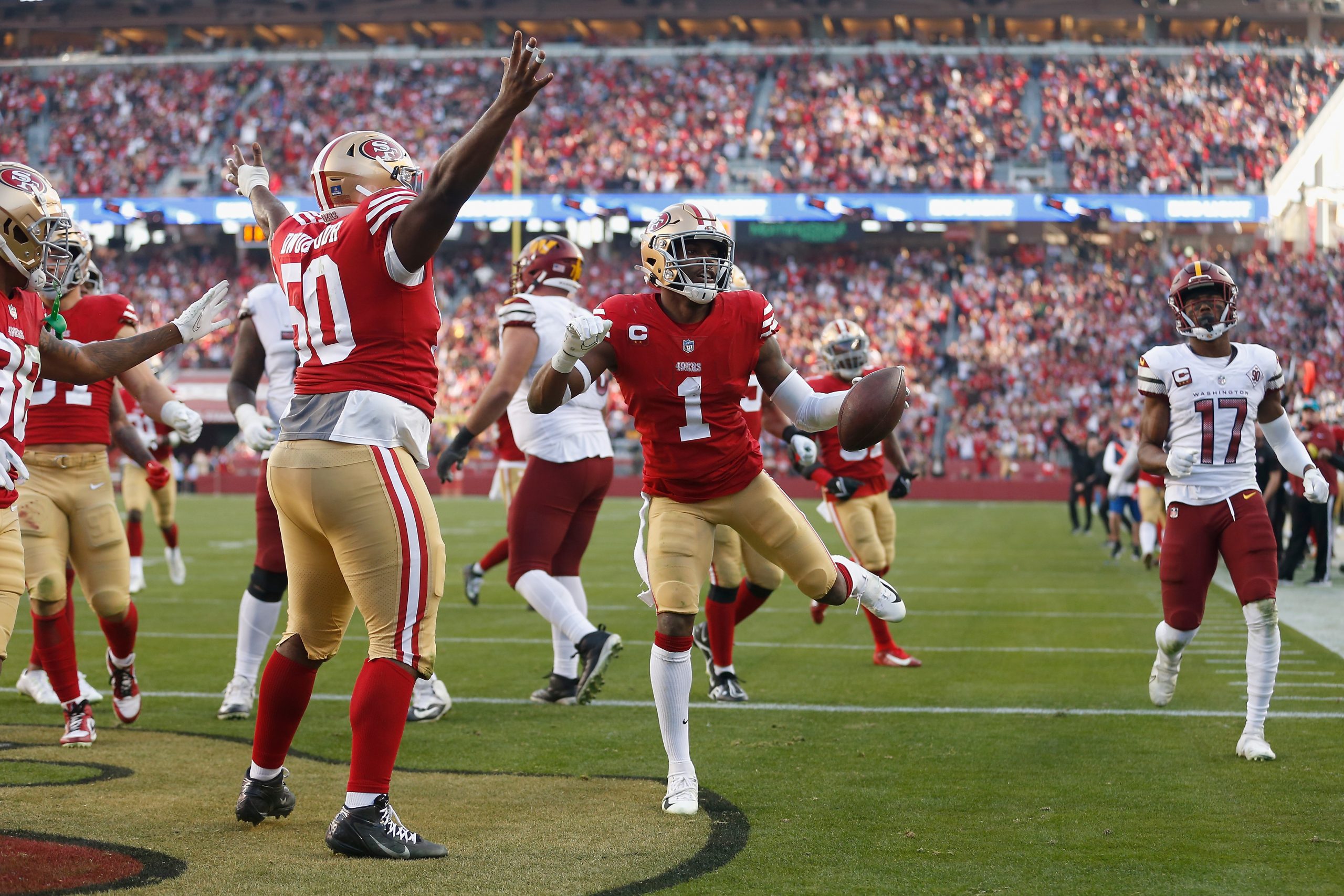Jimmie Ward #1 of the San Francisco 49ers celebrates after making an interception in the fourth qua...