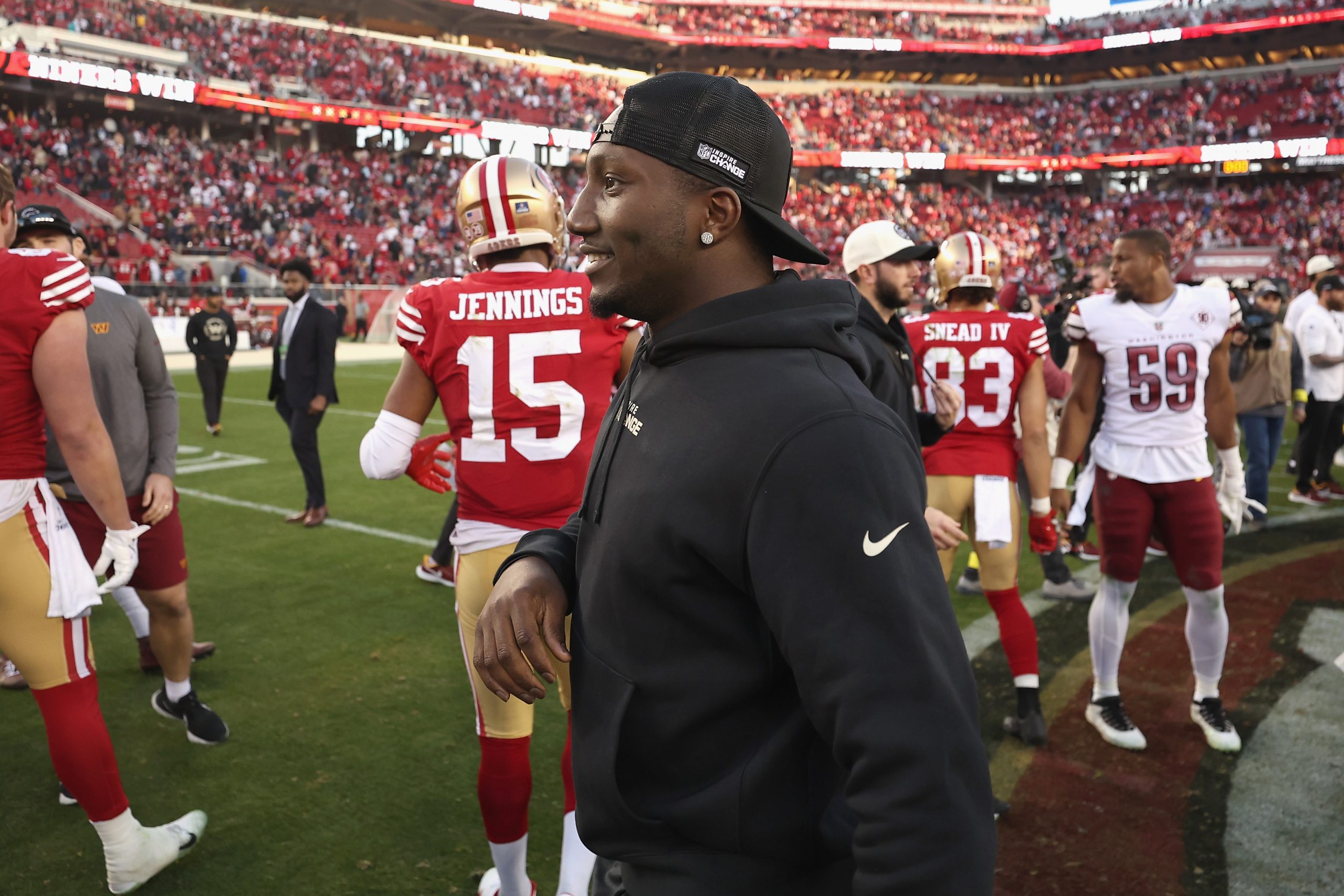 Injured player Deebo Samuel #19 of the San Francisco 49ers looks on after the game against the Wash...