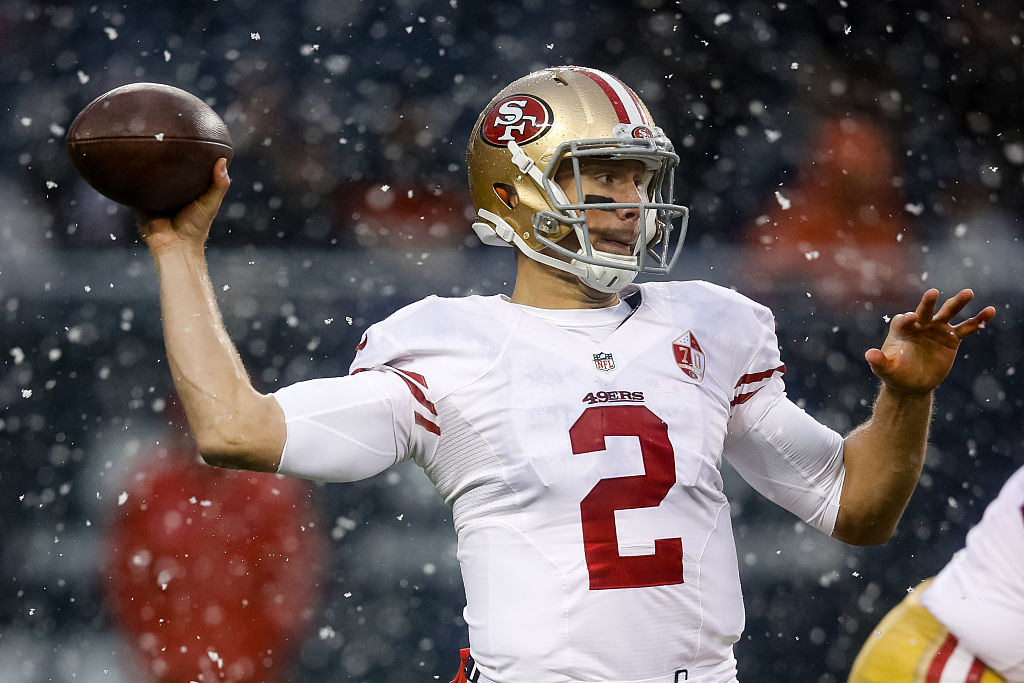 Blaine Gabbert #2 of the San Francisco 49ers looks to pass in the fourth quarter against the Chicag...