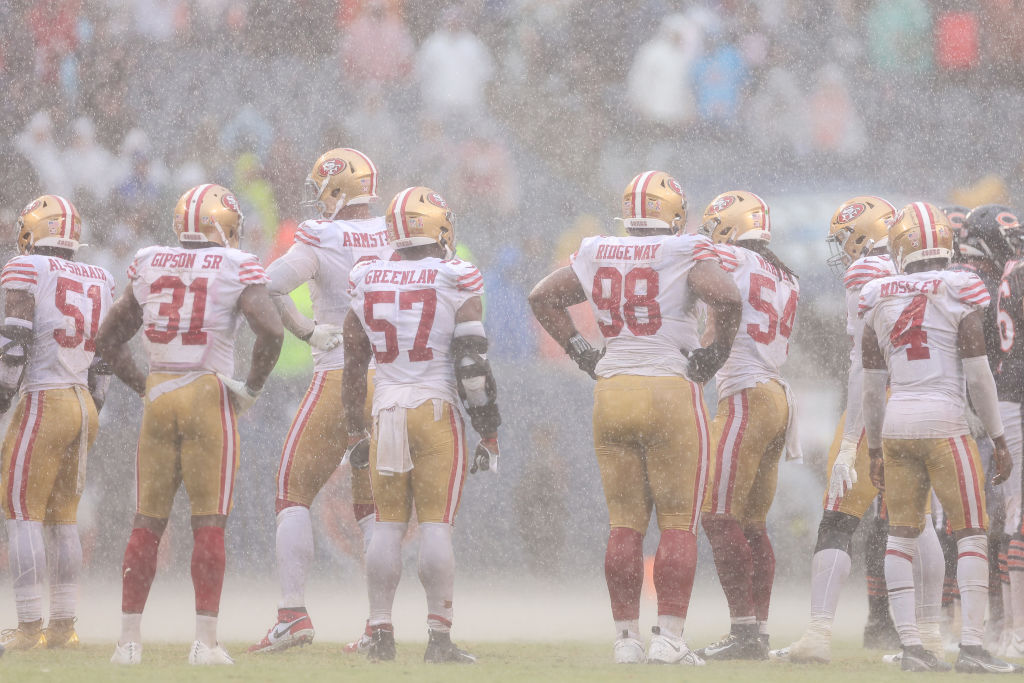 Members of the San Francisco 49ers look on against the Chicago Bears during the fourth quarter at S...