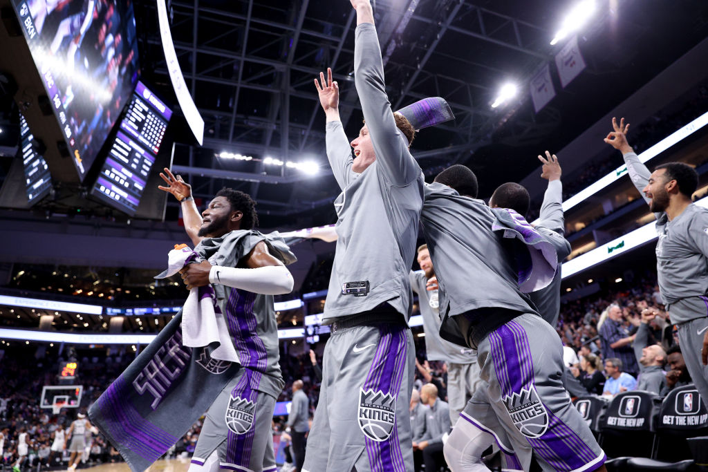 The Sacramento Kings react on the bench during their victory over the Brooklyn Nets at Golden 1 Cen...