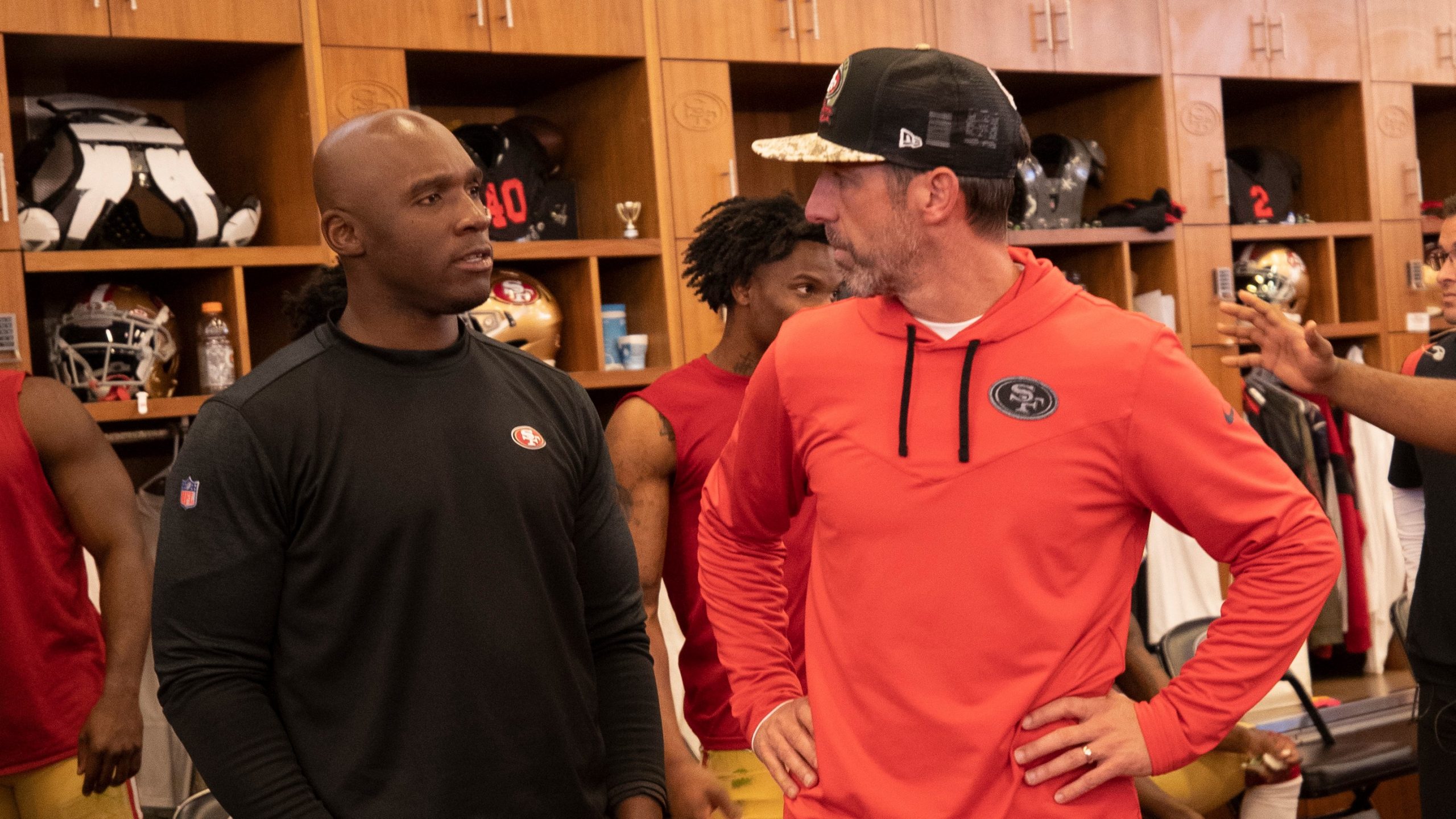 Defensive Coordinator DeMeco Ryans and Head Coach Kyle Shanahan of the San Francisco 49ers in the l...