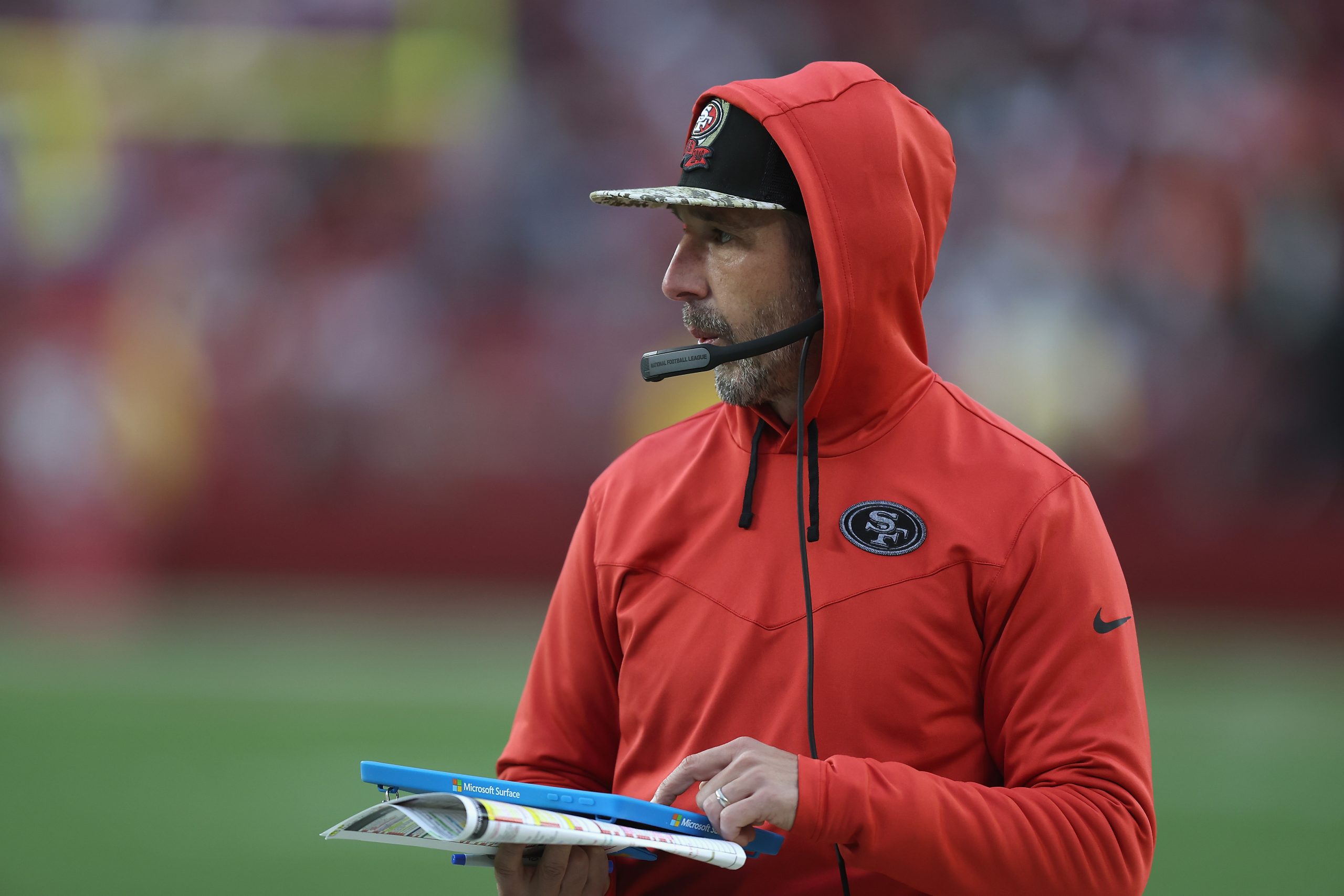 Head coach Kyle Shanahan of the San Francisco 49ers looks on in the third quarter against the Tampa...