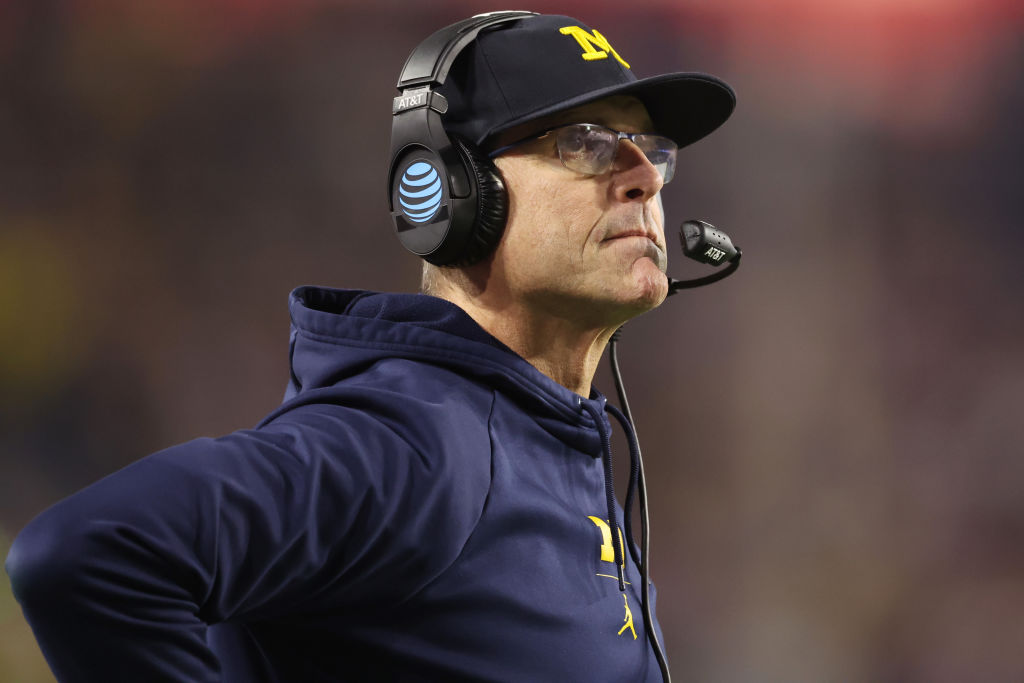 Head coach Jim Harbaugh of the Michigan Wolverines is seen on the sideline during the second half a...