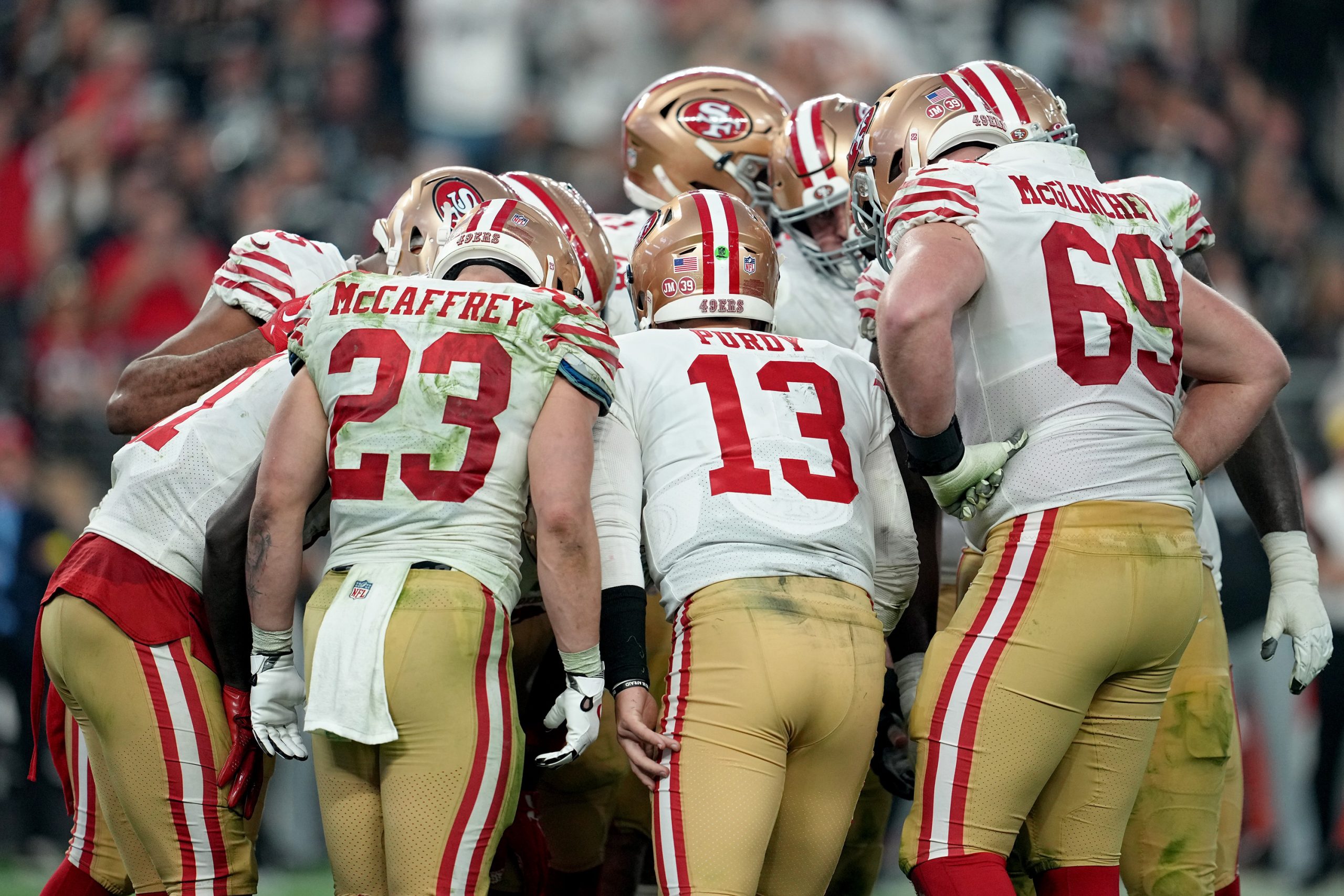Brock Purdy #13 of the San Francisco 49ers huddles the offense against the Las Vegas Raiders during...