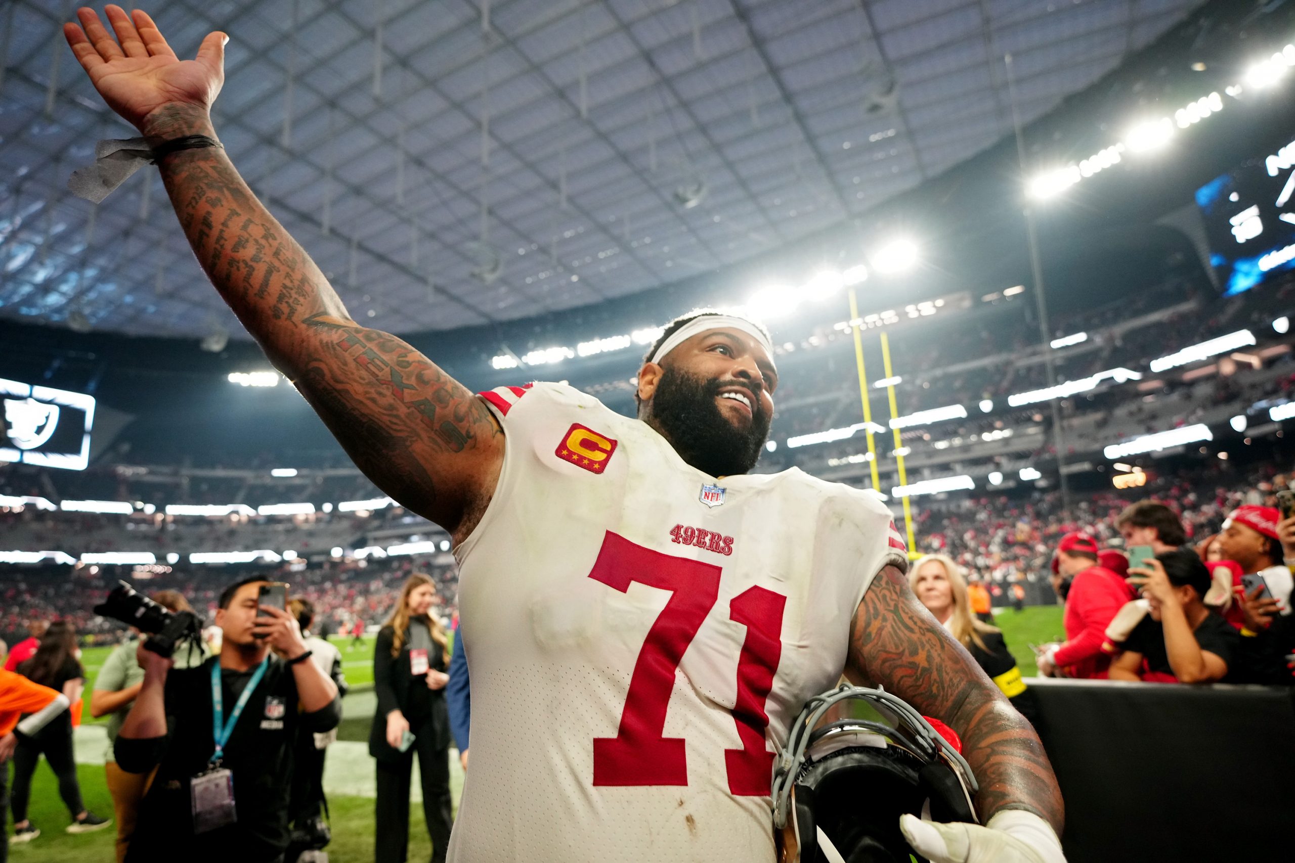 Trent Williams #71 of the San Francisco 49ers celebrates after an overtime win against the Las Vega...