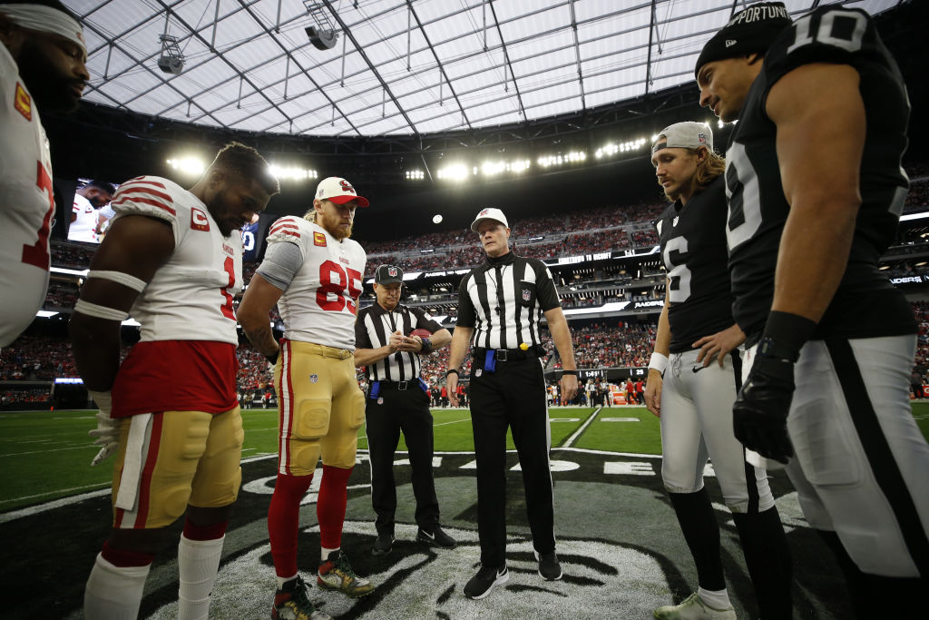 Captains of the San Francisco 49ers and the Las Vegas Raiders during the coin toss before the game ...