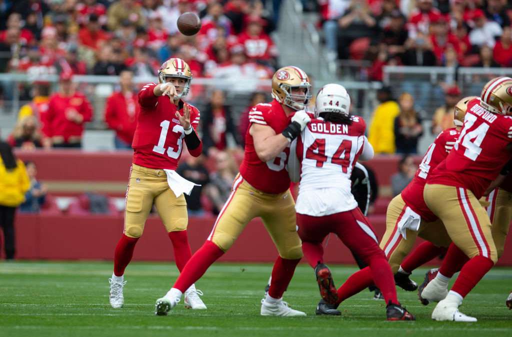 Brock Purdy #13 of the San Francisco 49ers passes during the game against the Arizona Cardinals at ...