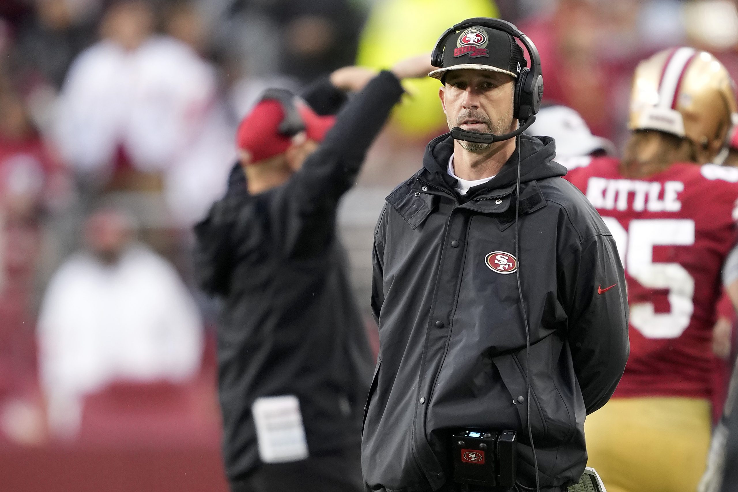Head coach Kyle Shanahan of the San Francisco 49ers looks on from the sideline against the Seattle ...