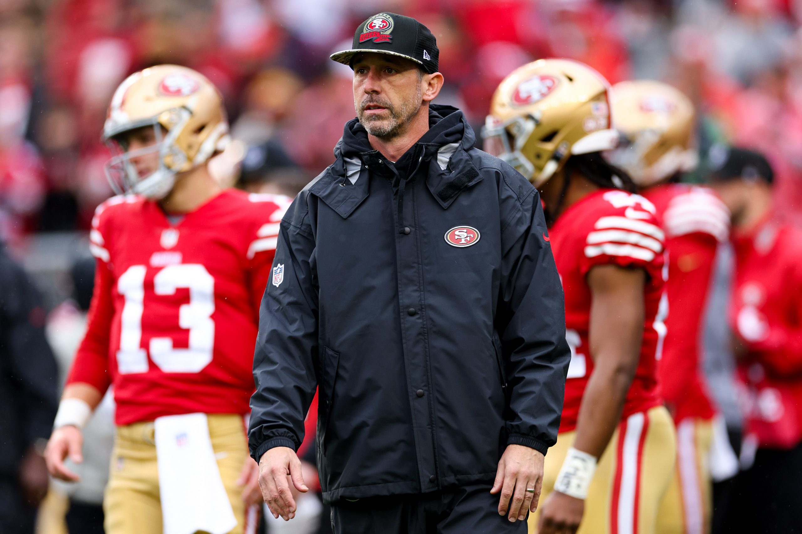 Head coach Kyle Shanahan of the San Francisco 49ers looks on prior to a game against the Seattle Se...