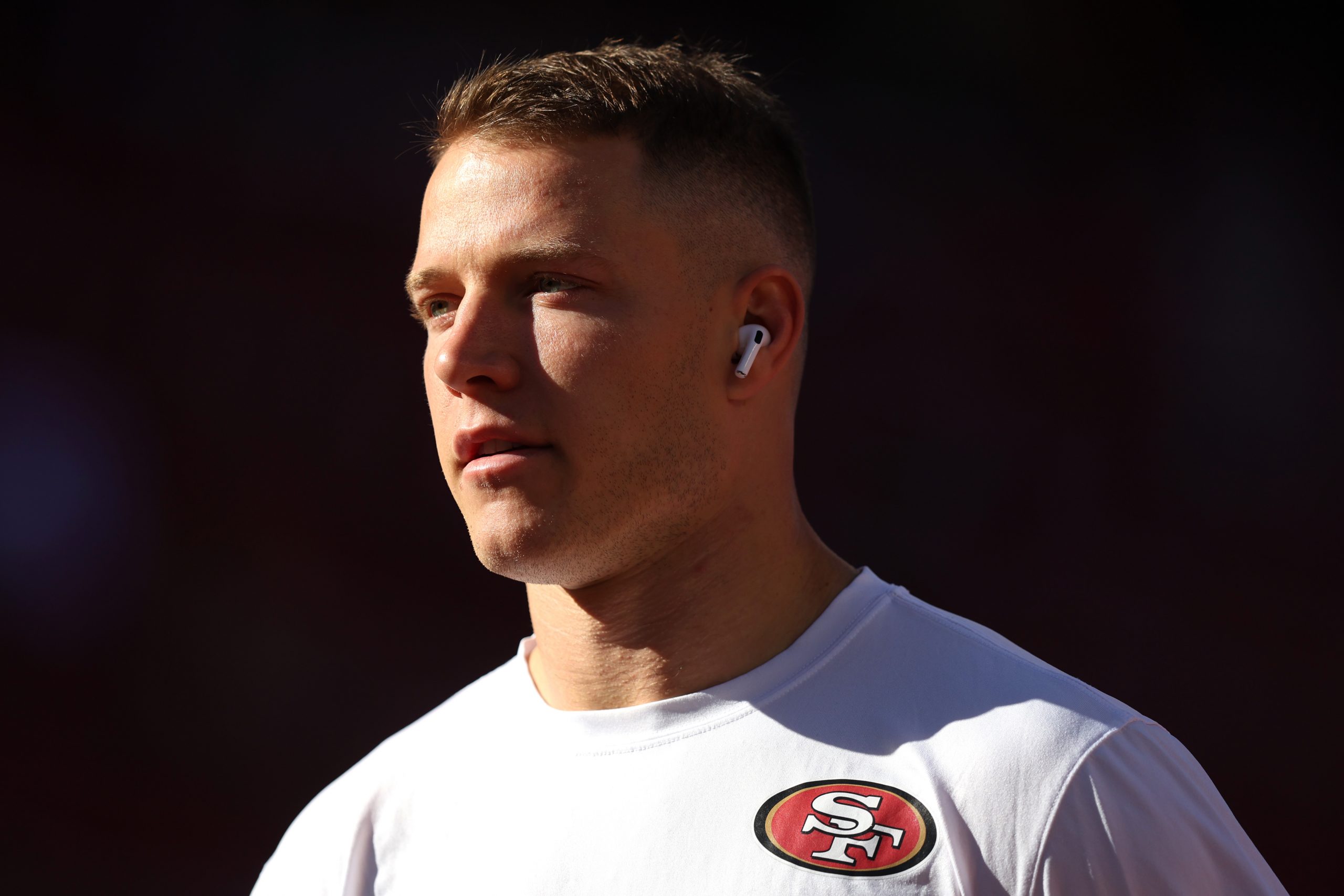 Christian McCaffrey #23 of the San Francisco 49ers warms up prior to a game against the Dallas Cowb...
