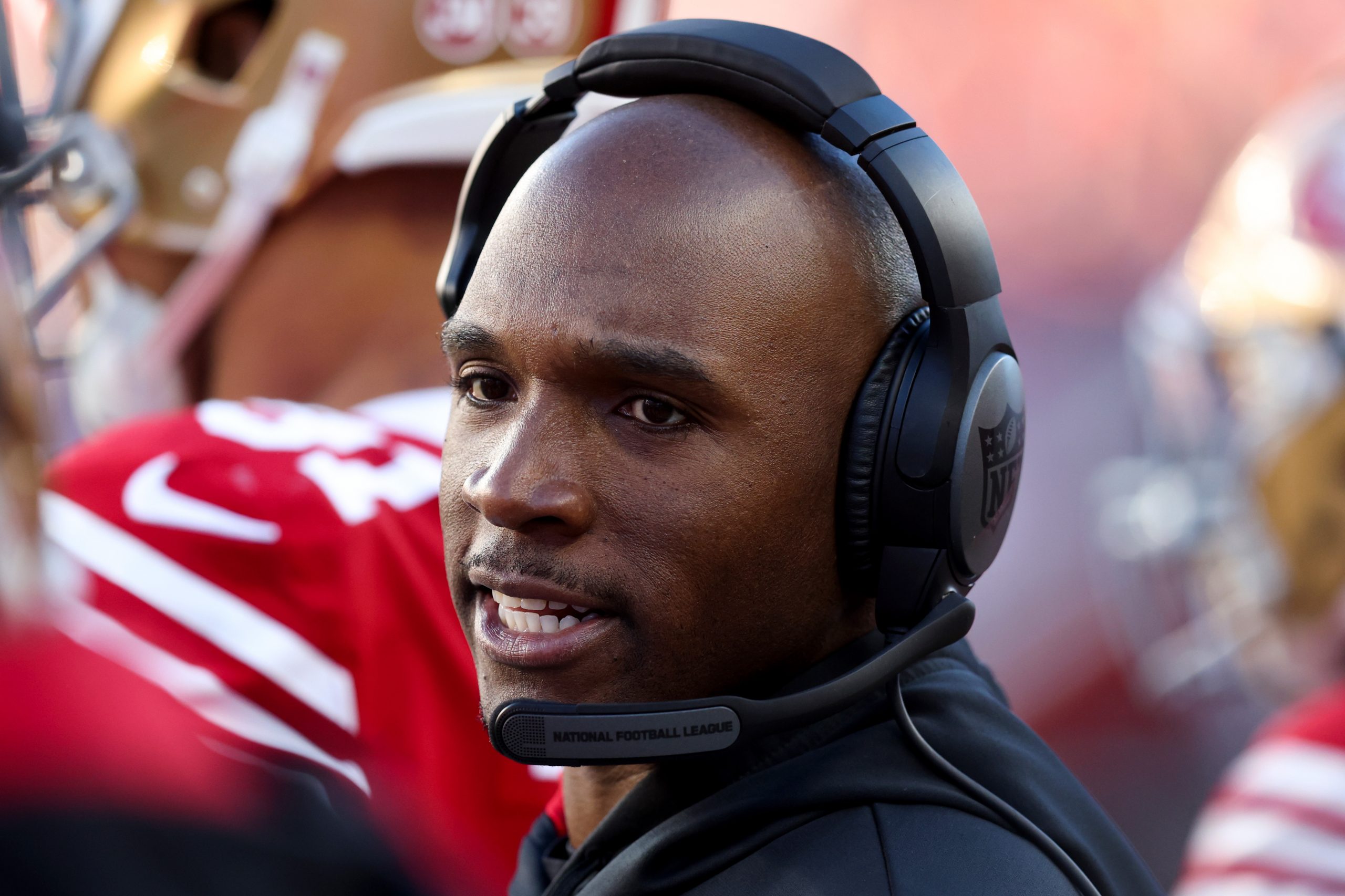 Defensive Coordinator DeMeco Ryans of the San Francisco 49ers looks on during the first half agains...