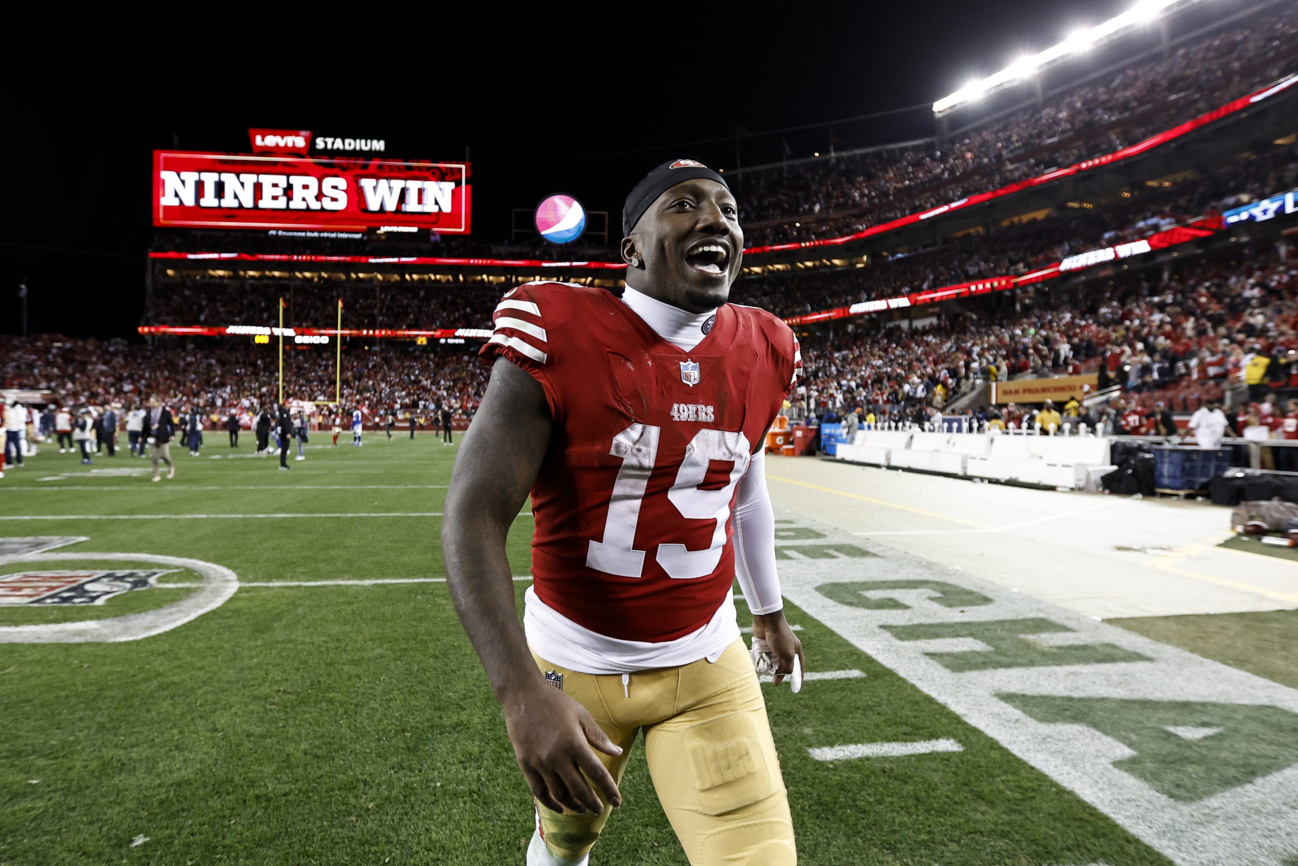 NFC Deebo Samuel #19 of the San Francisco 49ers celebrates after defeating the Dallas Cowboys durin...