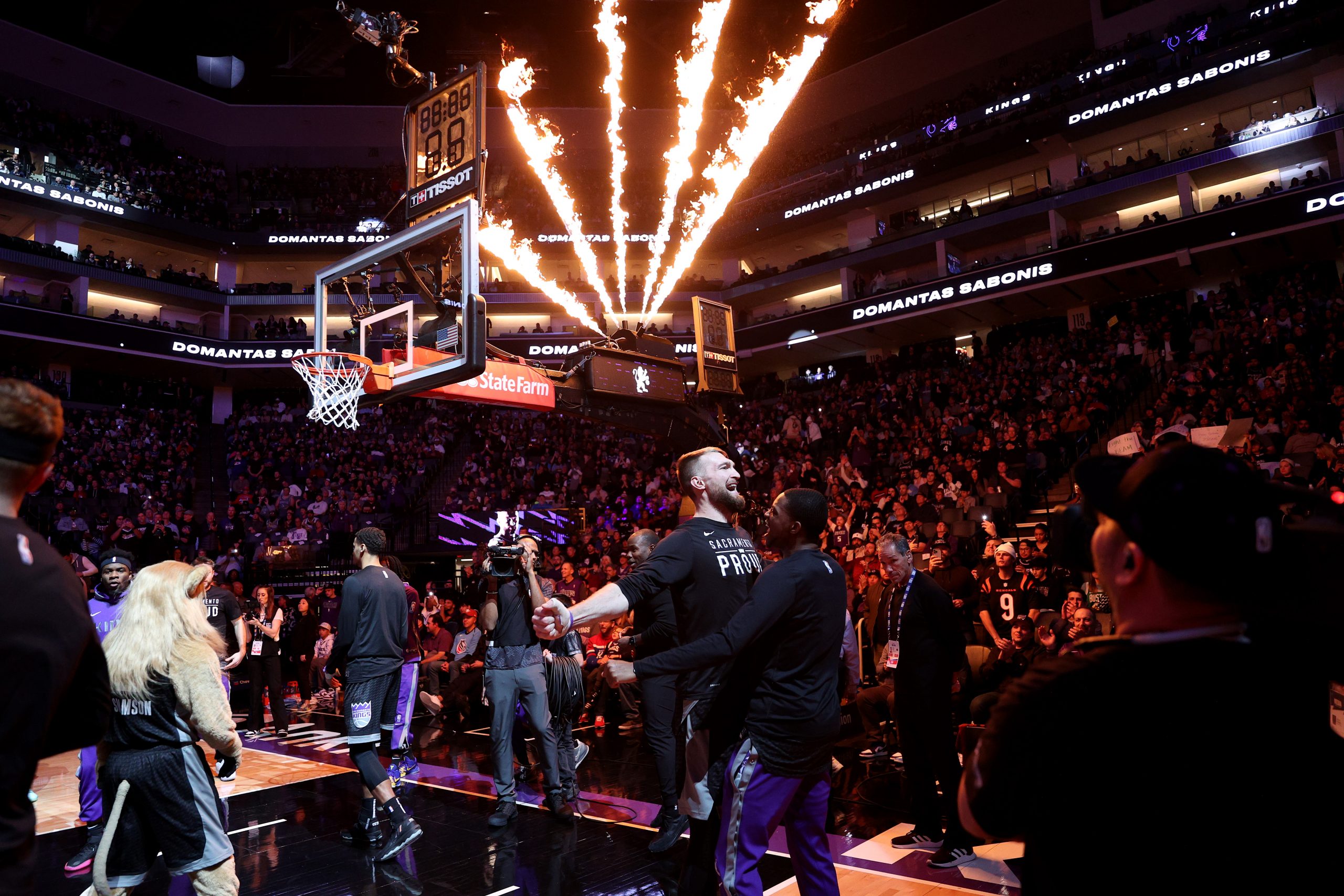 Domantas Sabonis #10 of the Sacramento Kings is introduced before their game ame at Golden 1 Center...
