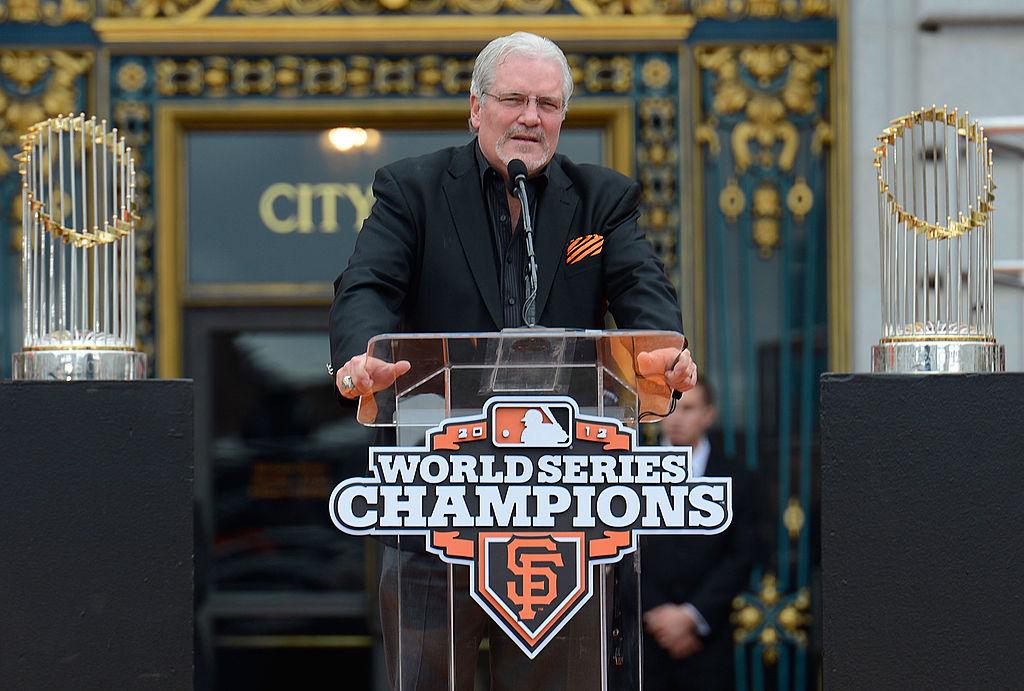 Senior Vice President and General Manager Brian Sabean of the San Francisco Giants speaks to the Sa...