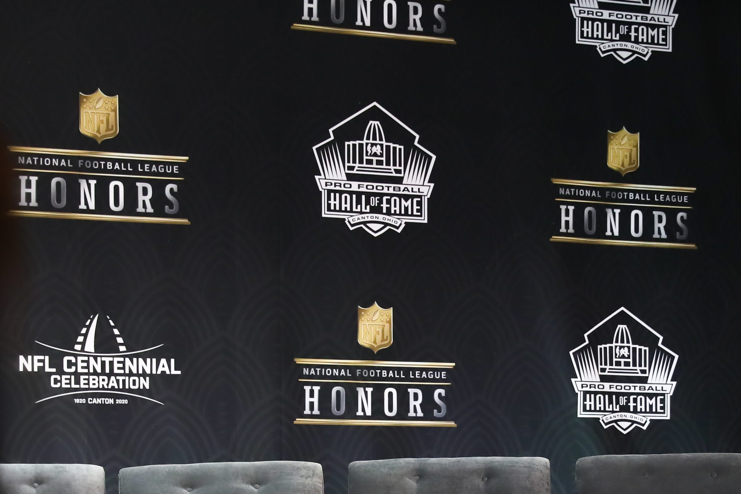 A general view of the Pro Football Hall of Fame logo and NFL Honors logo during the Hall of Fame Pr...