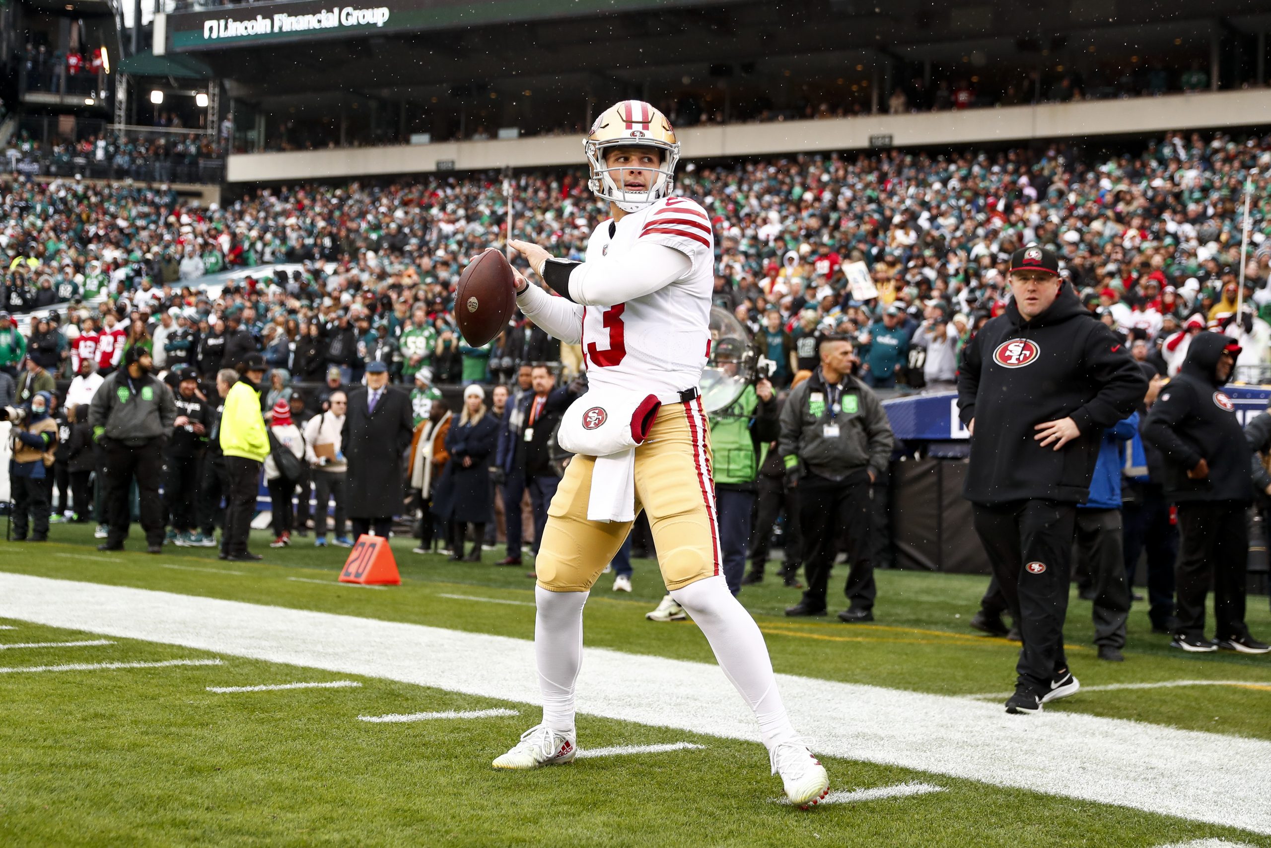 PHILADELPHIA, PA - JANUARY 29: Brock Purdy #13 of the San Francisco 49ers warms up prior to the NFC...