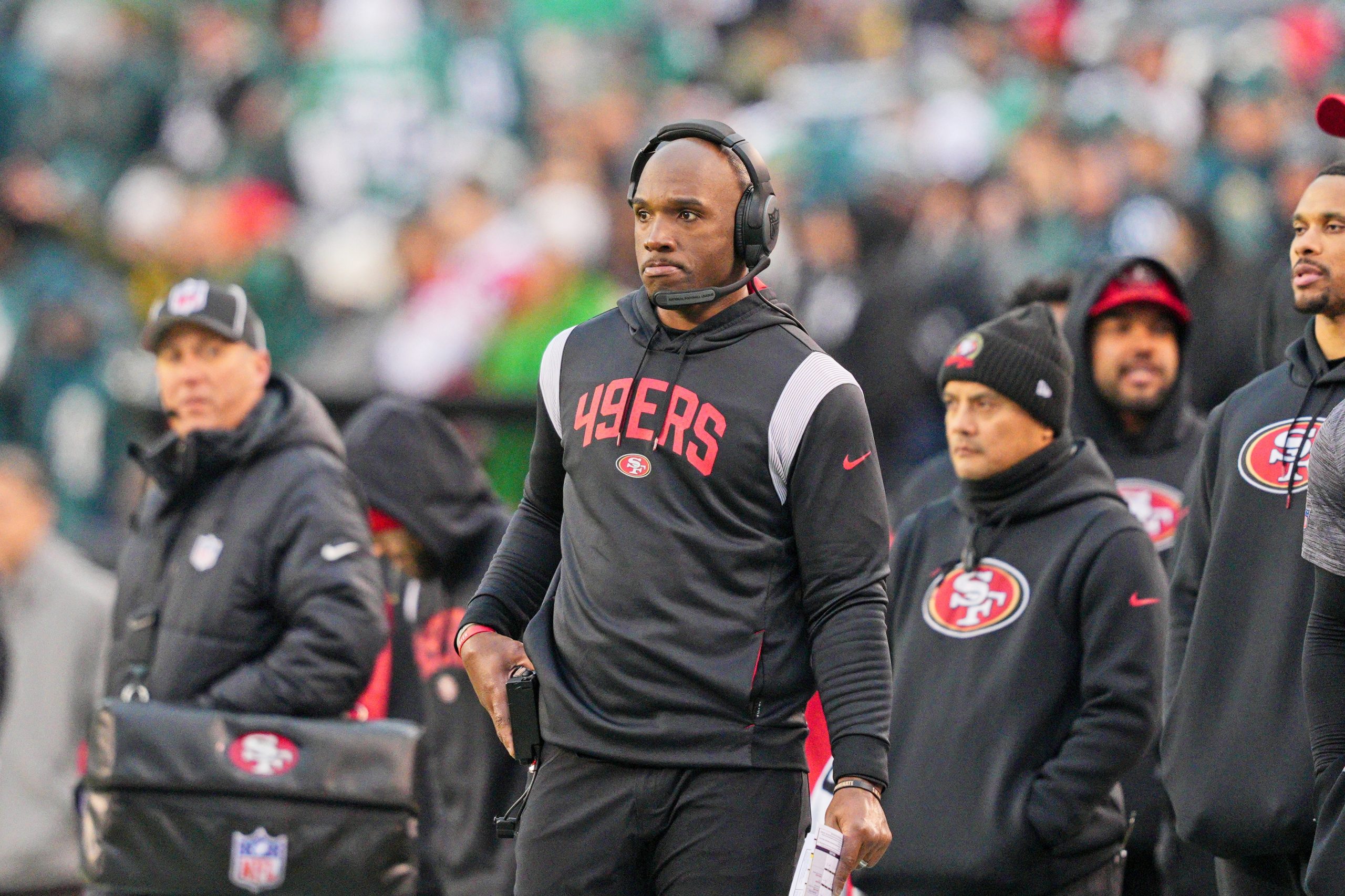 San Francisco 49ers defensive coordinator DeMeco Ryans looks on during the Championship game betwee...