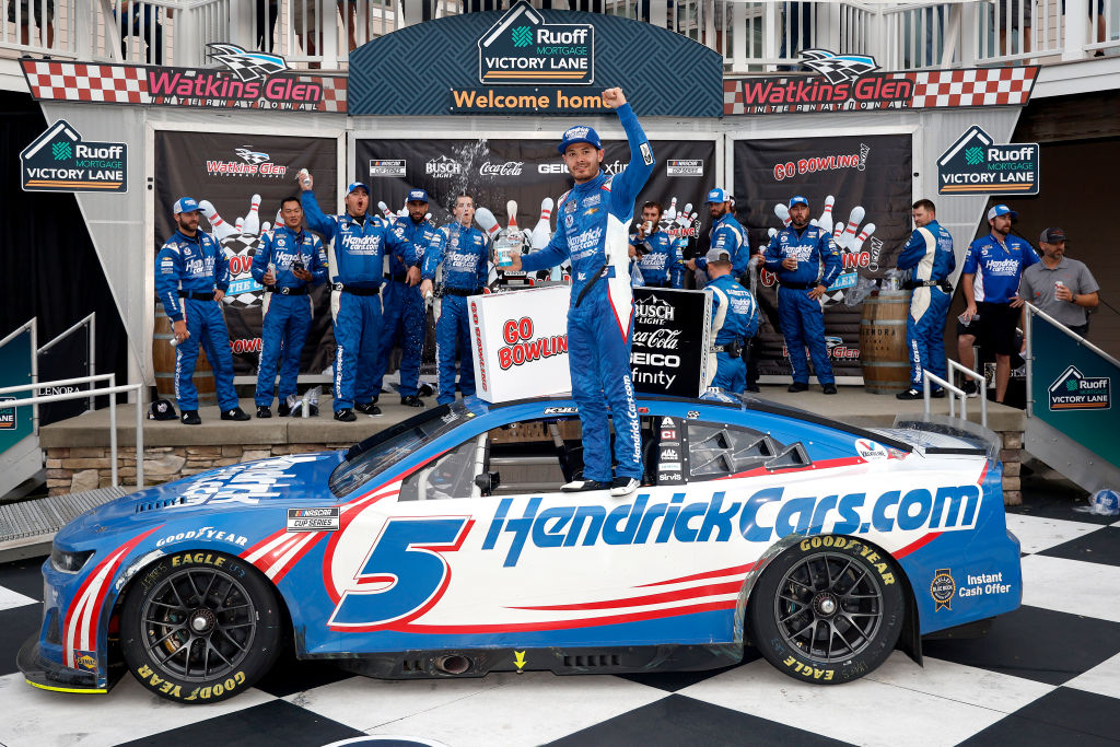 Kyle Larson, driver of the #5 HendrickCars.com Chevrolet, celebrates in the Ruoff Mortgage victory ...