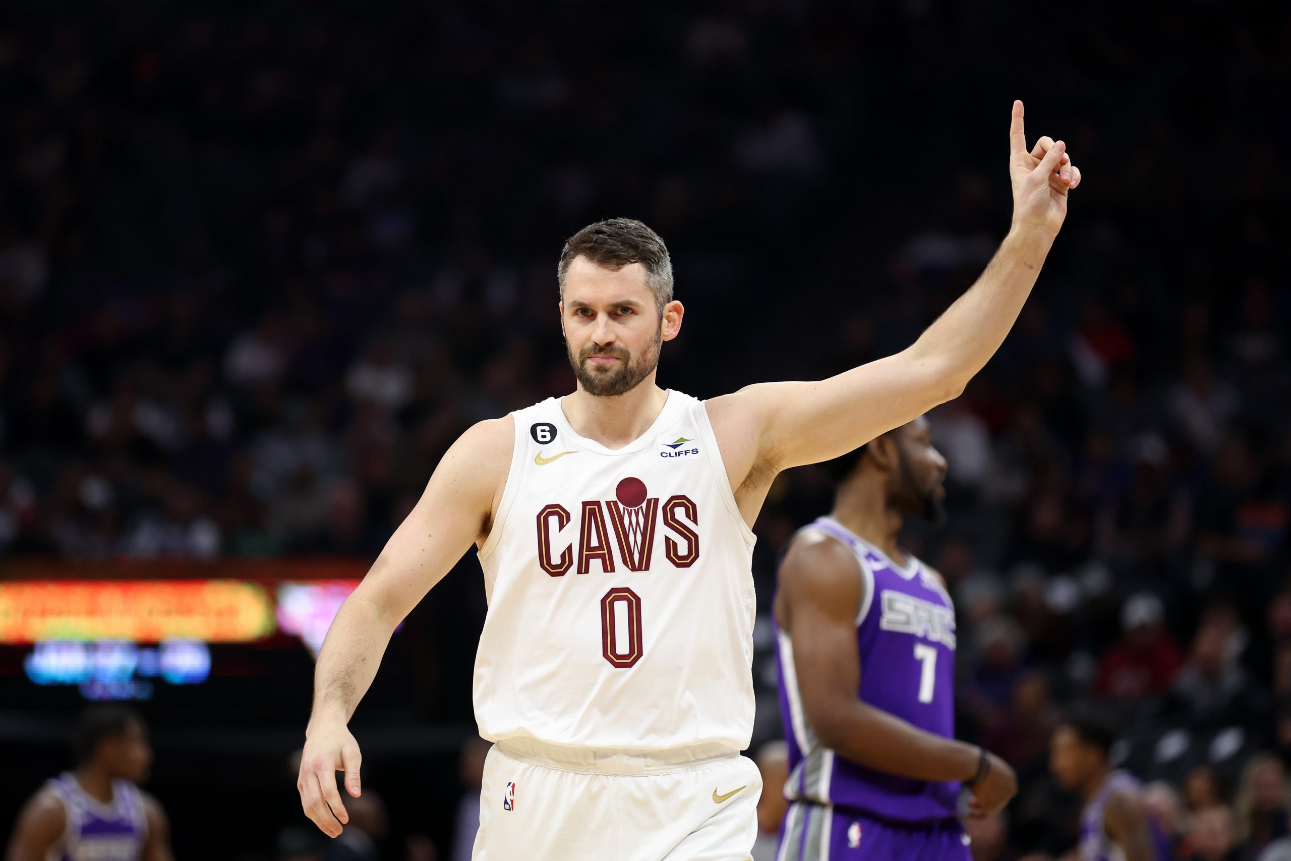 SACRAMENTO, CALIFORNIA - NOVEMBER 09: Kevin Love #0 of the Cleveland Cavaliers reacts during their ...