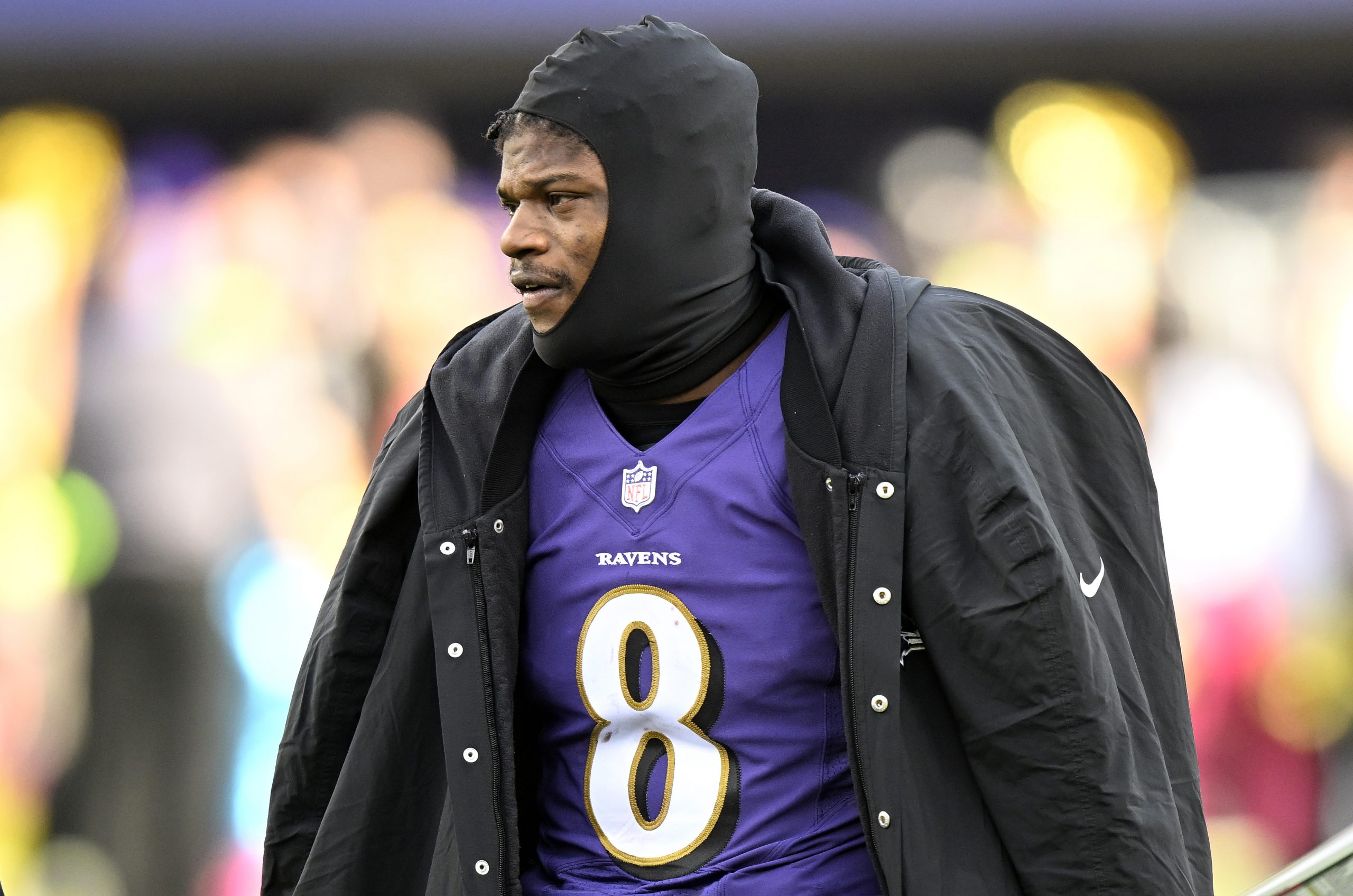 NFL Lamar Jackson #8 of the Baltimore Ravens watches the game against the Denver Broncos at M&T...
