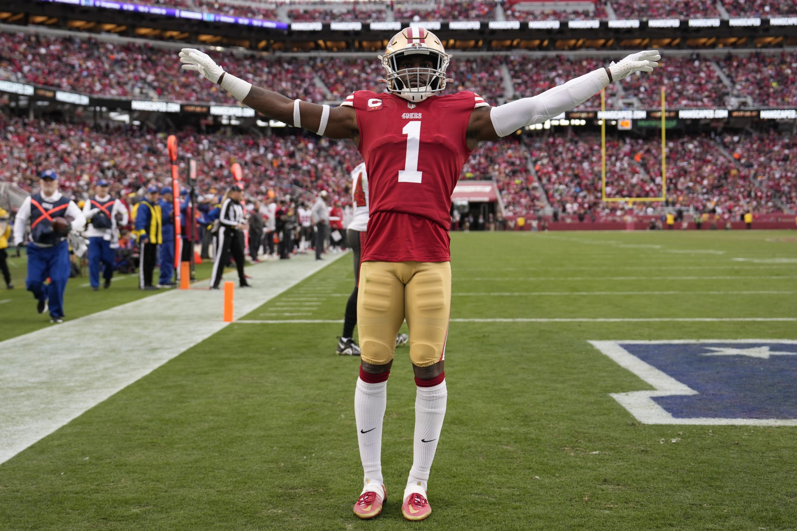 Jimmie Ward #1 of the San Francisco 49ers reacts after breaking up a pass during the second quarter...