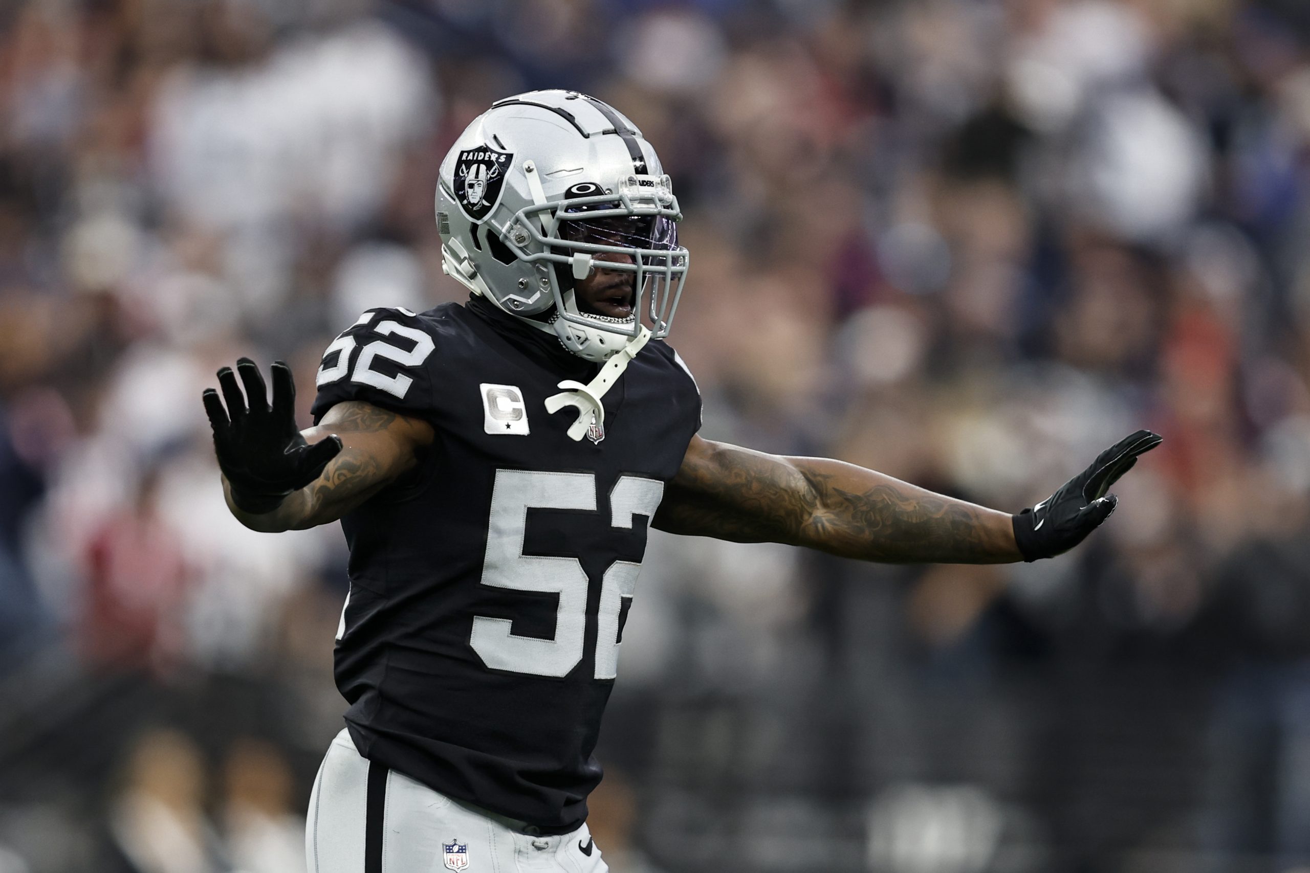 Denzel Perryman #52 of the Las Vegas Raiders reacts during an NFL football game between the Las Veg...