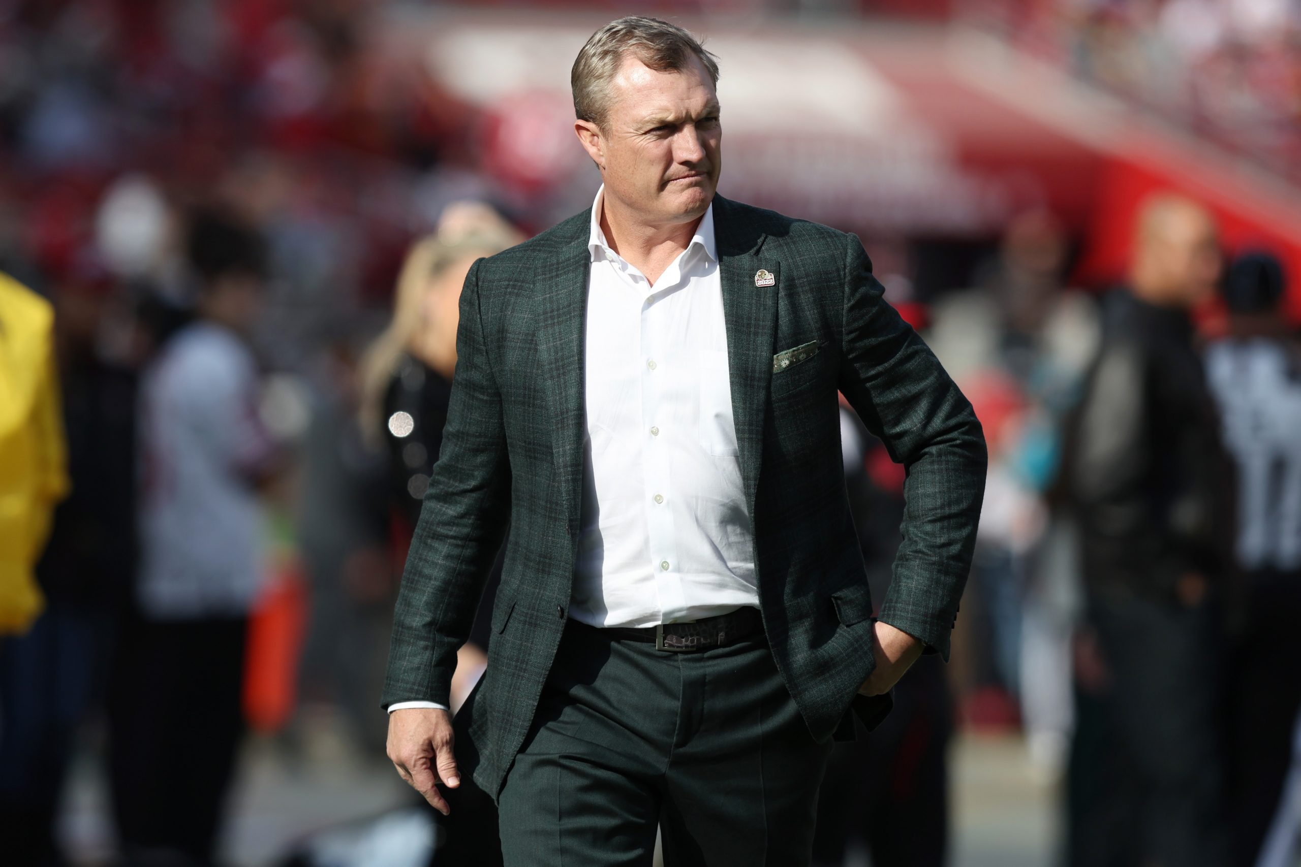 San Francisco 49ers general manager, John Lynch, looks on before the game against the Washington Co...