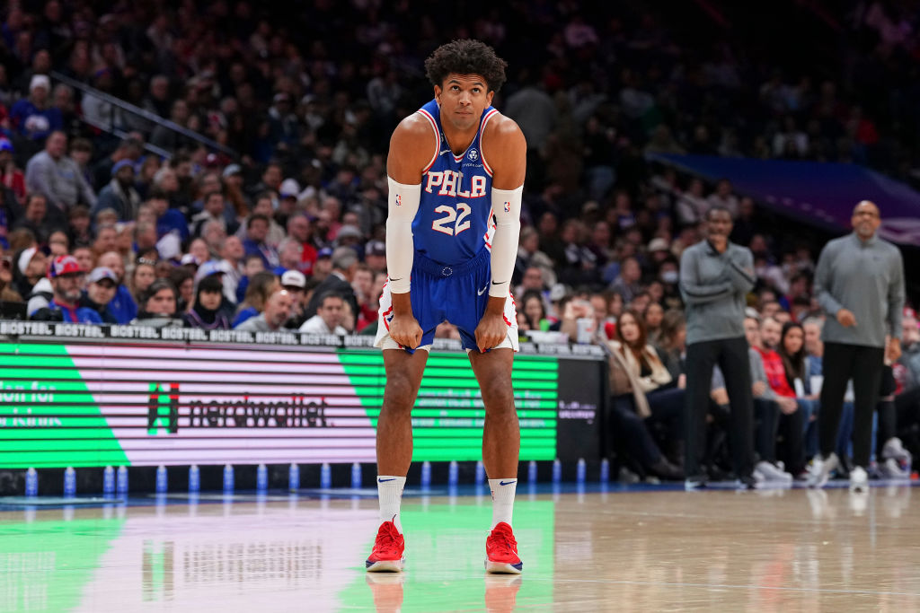 Matisse Thybulle #22 of the Philadelphia 76ers looks on against the Detroit Pistons at the Wells Fa...